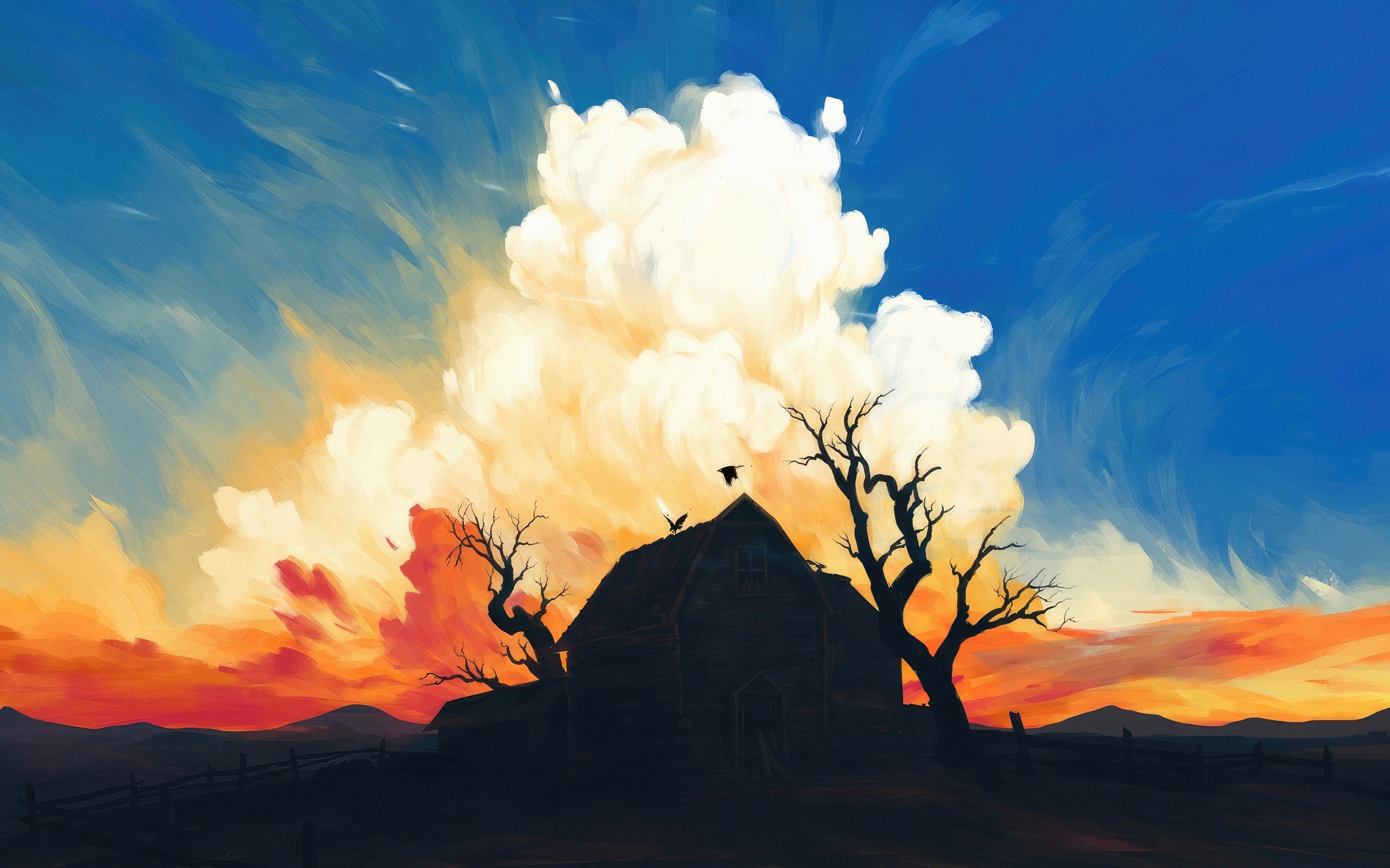 Abandoned cottage, sunset, art, 2880x1800 wallpaper
