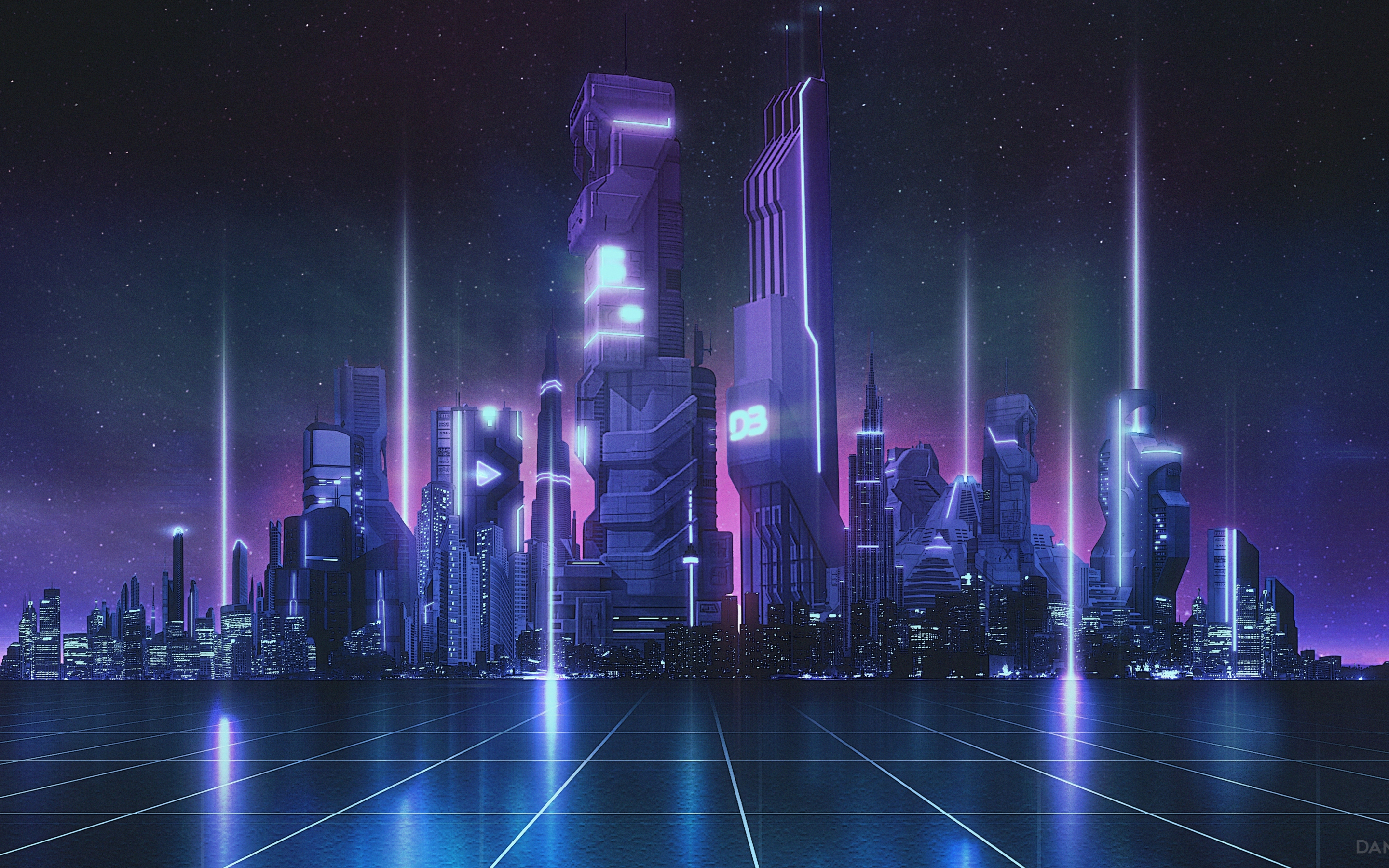 Future city, bluish theme, digital art, 2880x1800 wallpaper