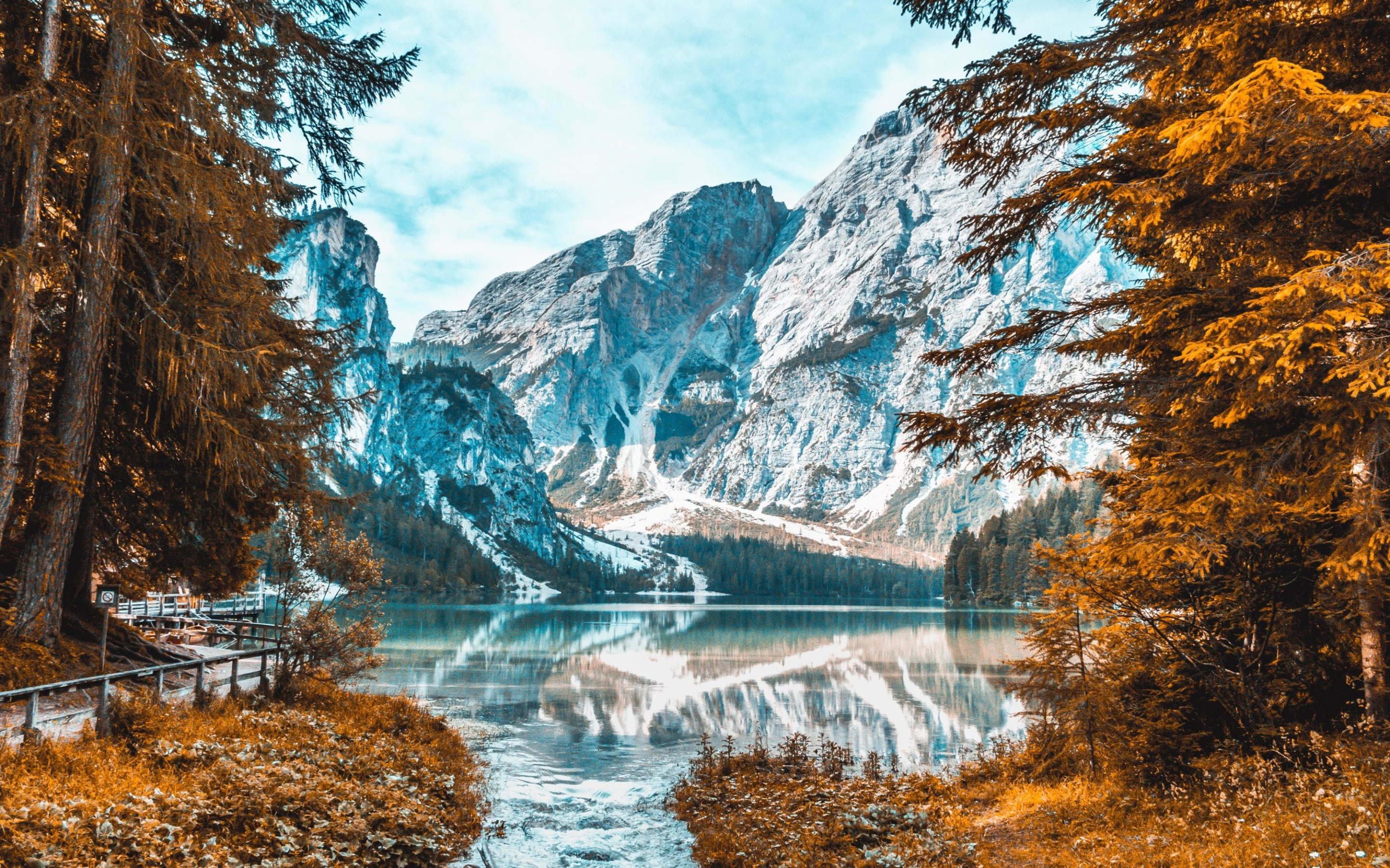 Snow-capped mountain, autumn, lake, nature, 2880x1800 wallpaper