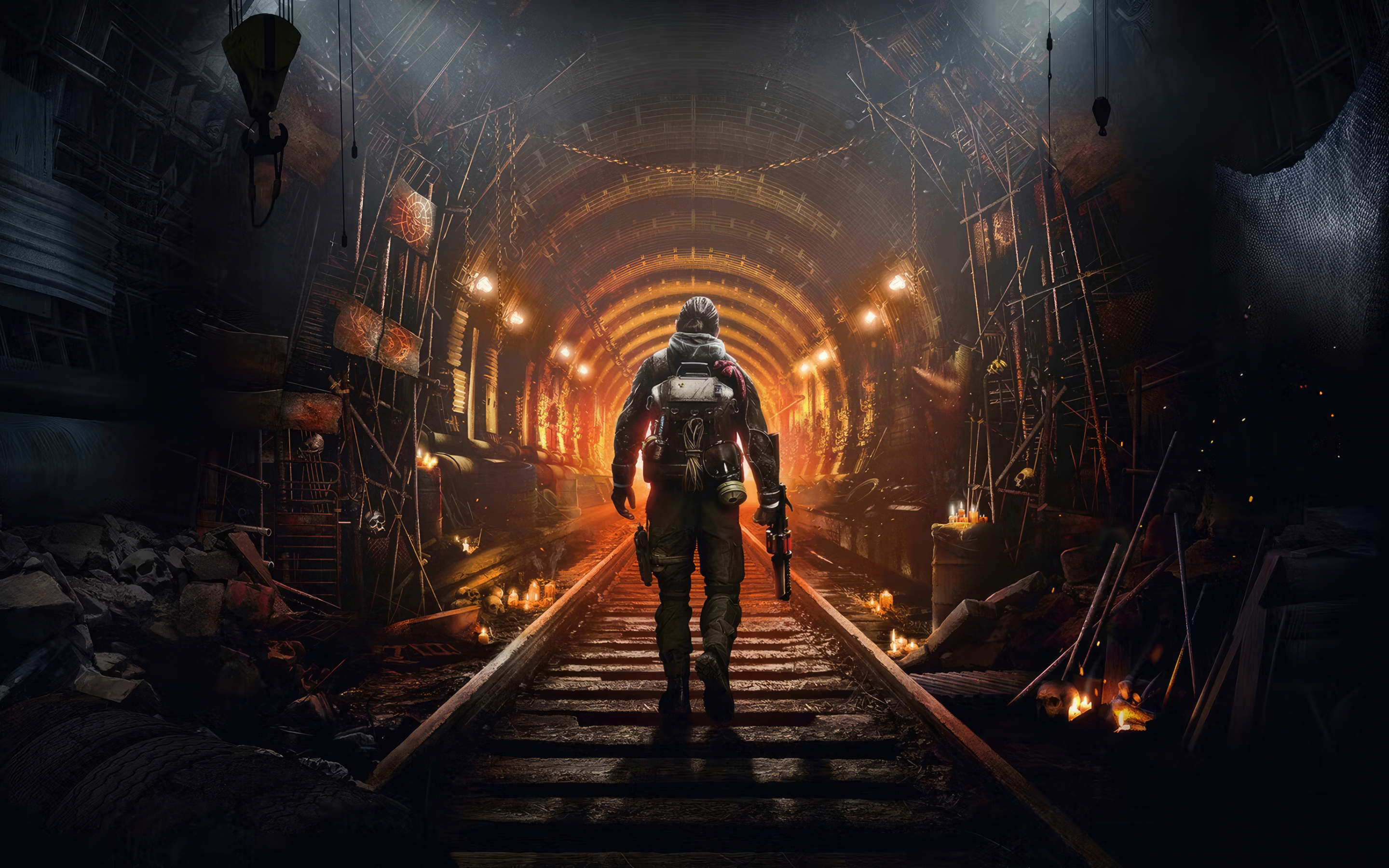 Metro awakening, soldier's walk under rail tunnel, game, 2880x1800 wallpaper