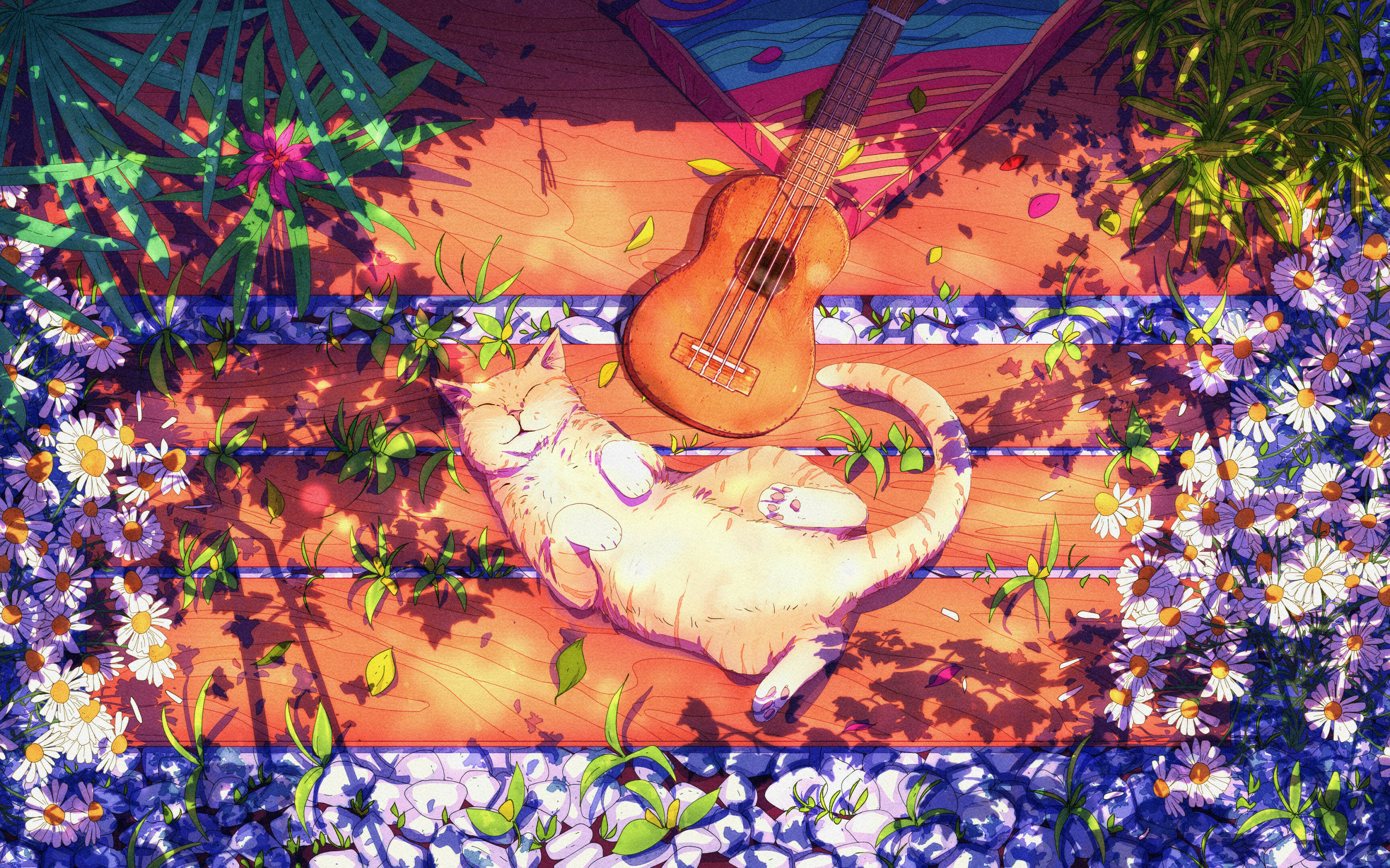 Cat and guitar, relaxing moment, art, 2880x1800 wallpaper