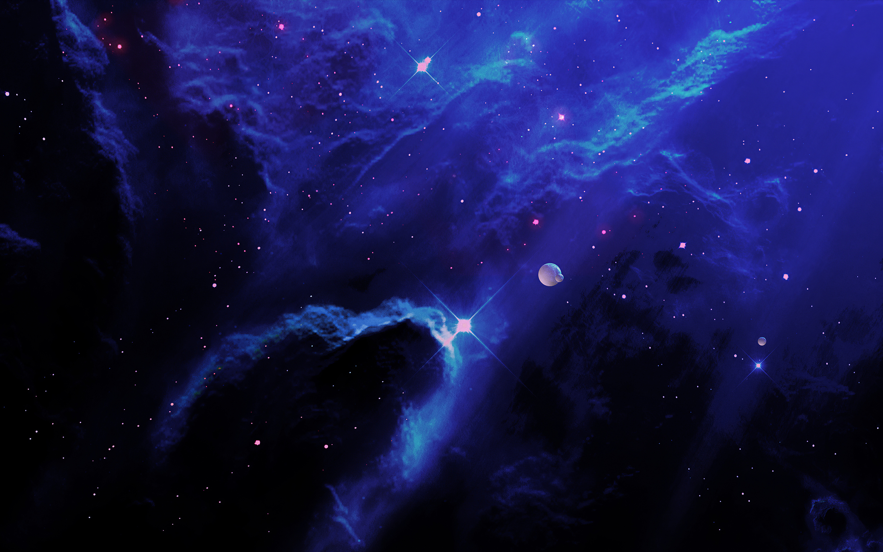Blue-dark clouds, cosmos, dark realm, fantasy, planets, 2880x1800 wallpaper