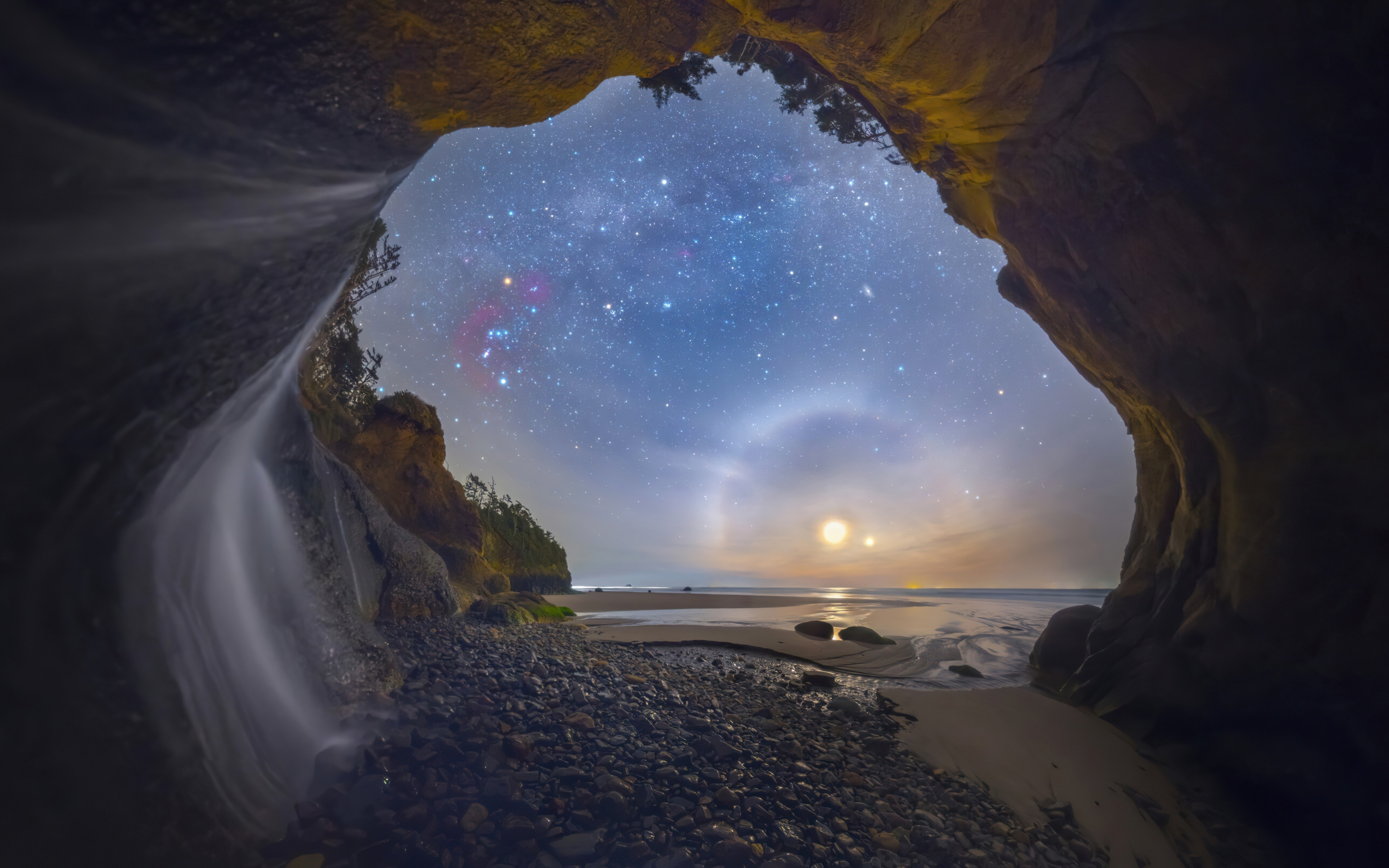 Coastal Cave, starry sky, sunset, USA, 2880x1800 wallpaper
