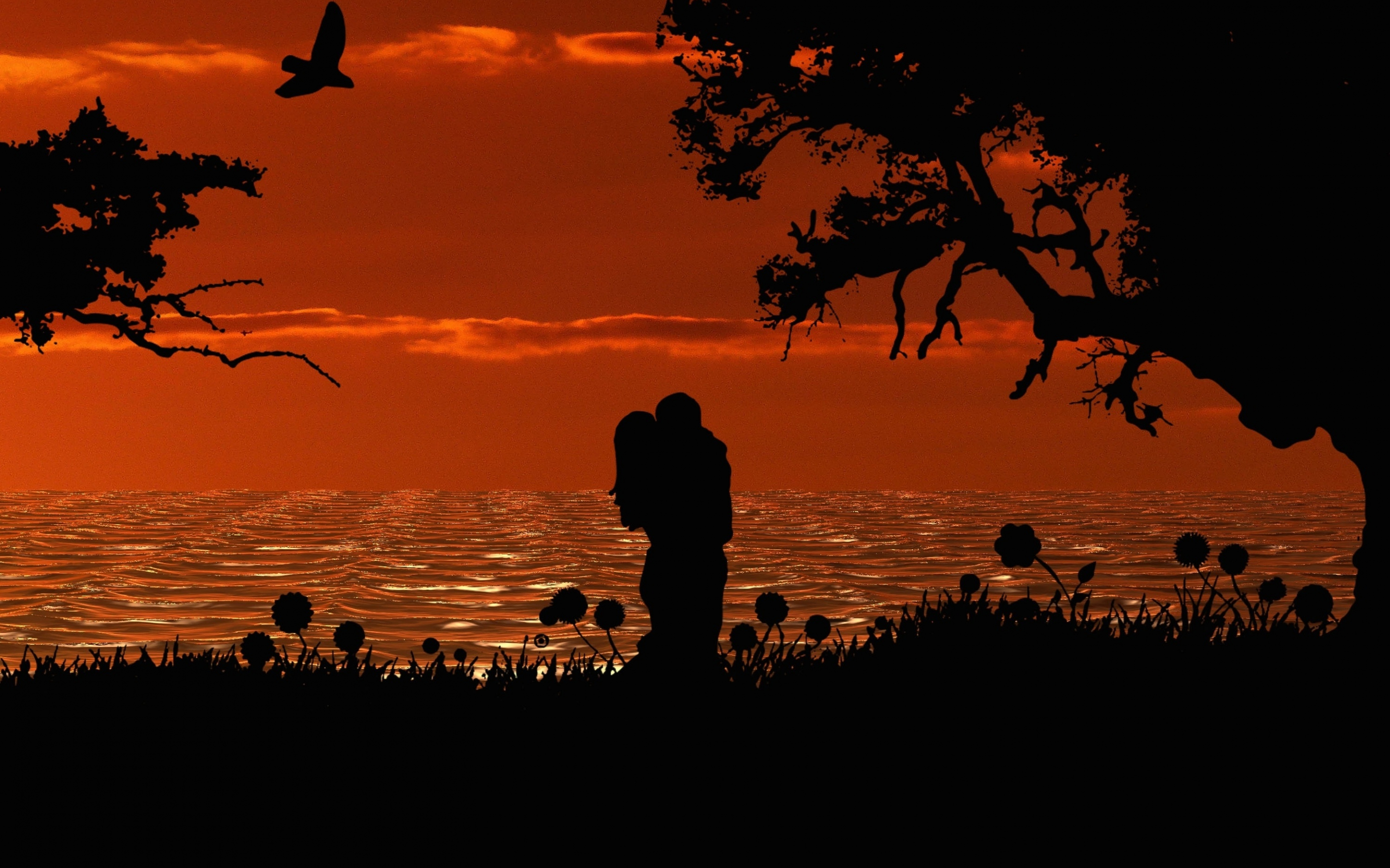 Romantic, couple, silhouette, sunset, art, 2880x1800 wallpaper