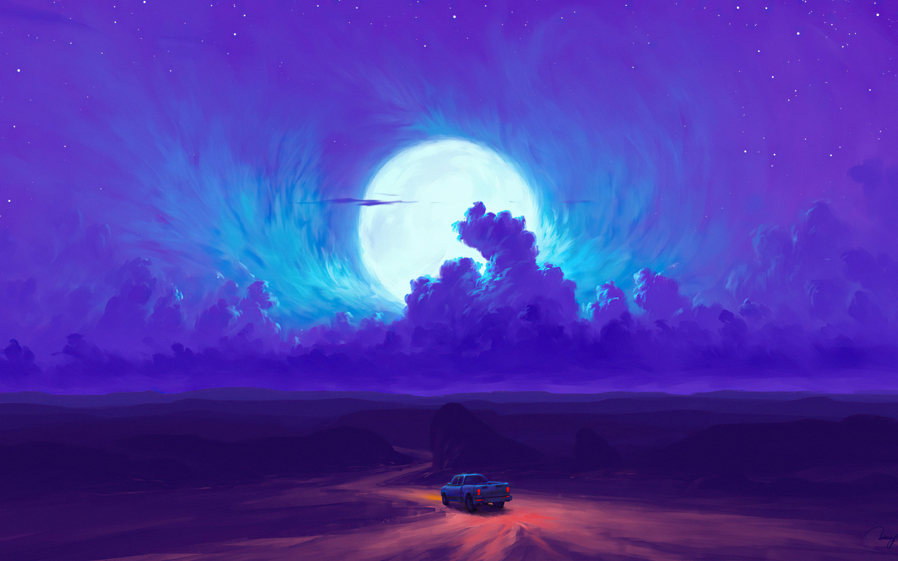 Moonrise, minimal, blue clouds, road, car drive, fantasy art, 2880x1800 wallpaper