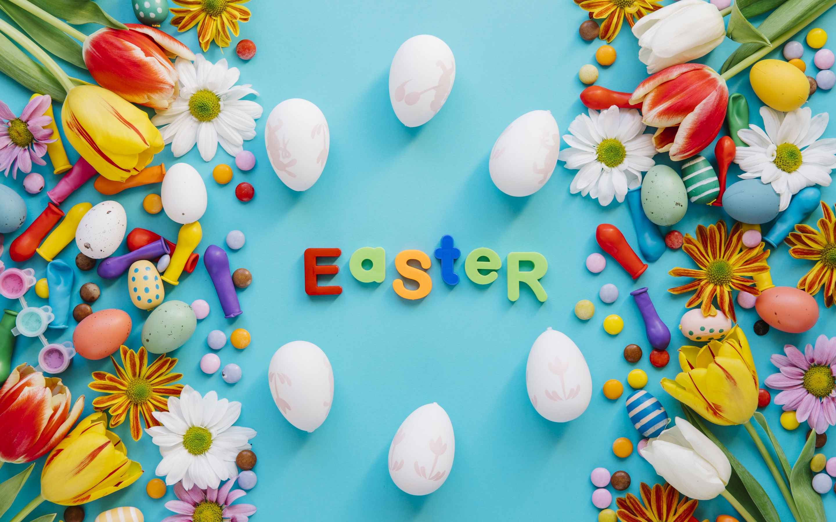 Flowers, eggs, colorful, easter, 2880x1800 wallpaper
