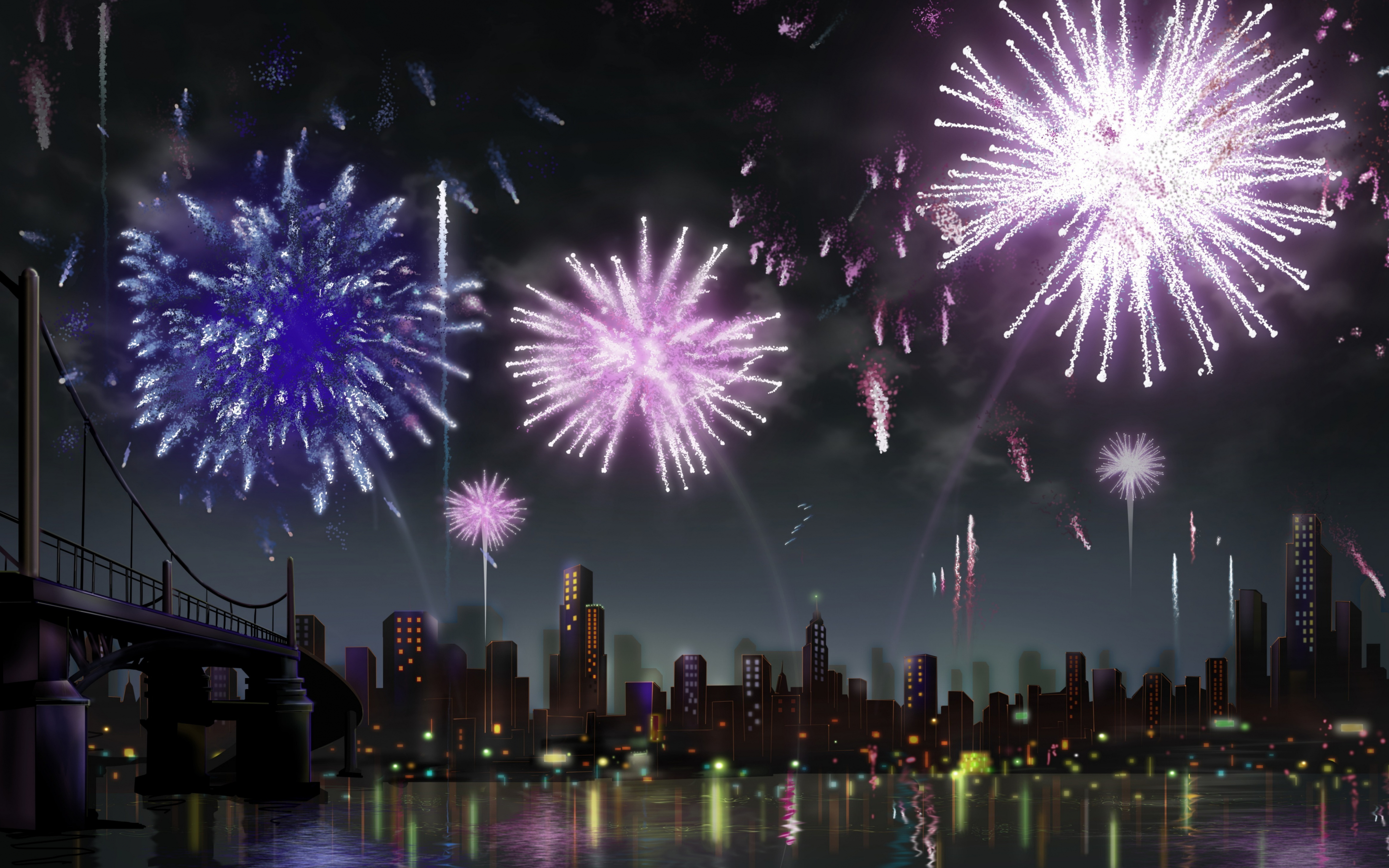 Digital art, city, night, fireworks, 2880x1800 wallpaper