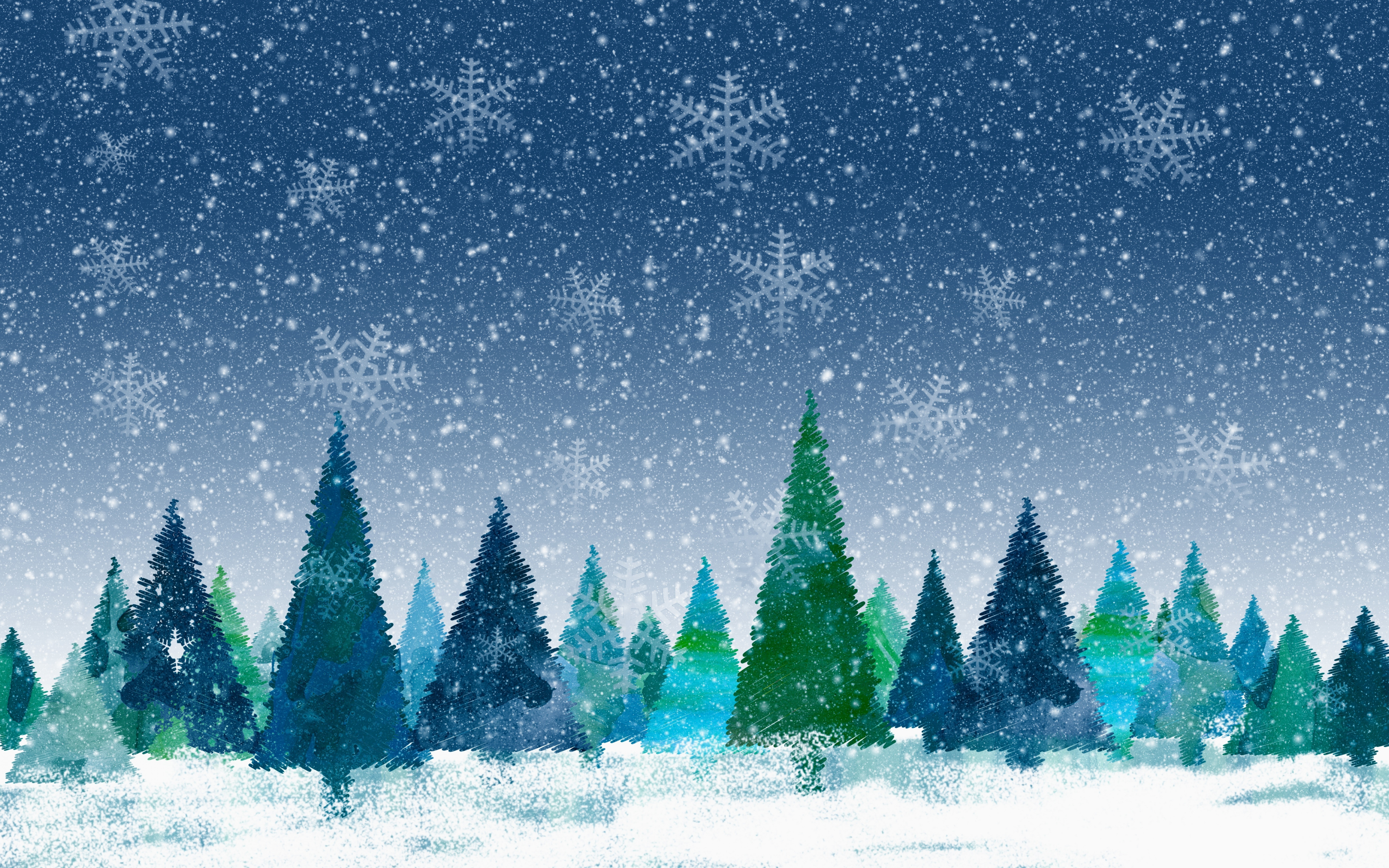 Christmas, decorations, trees, snowflakes, artwork, 2880x1800 wallpaper