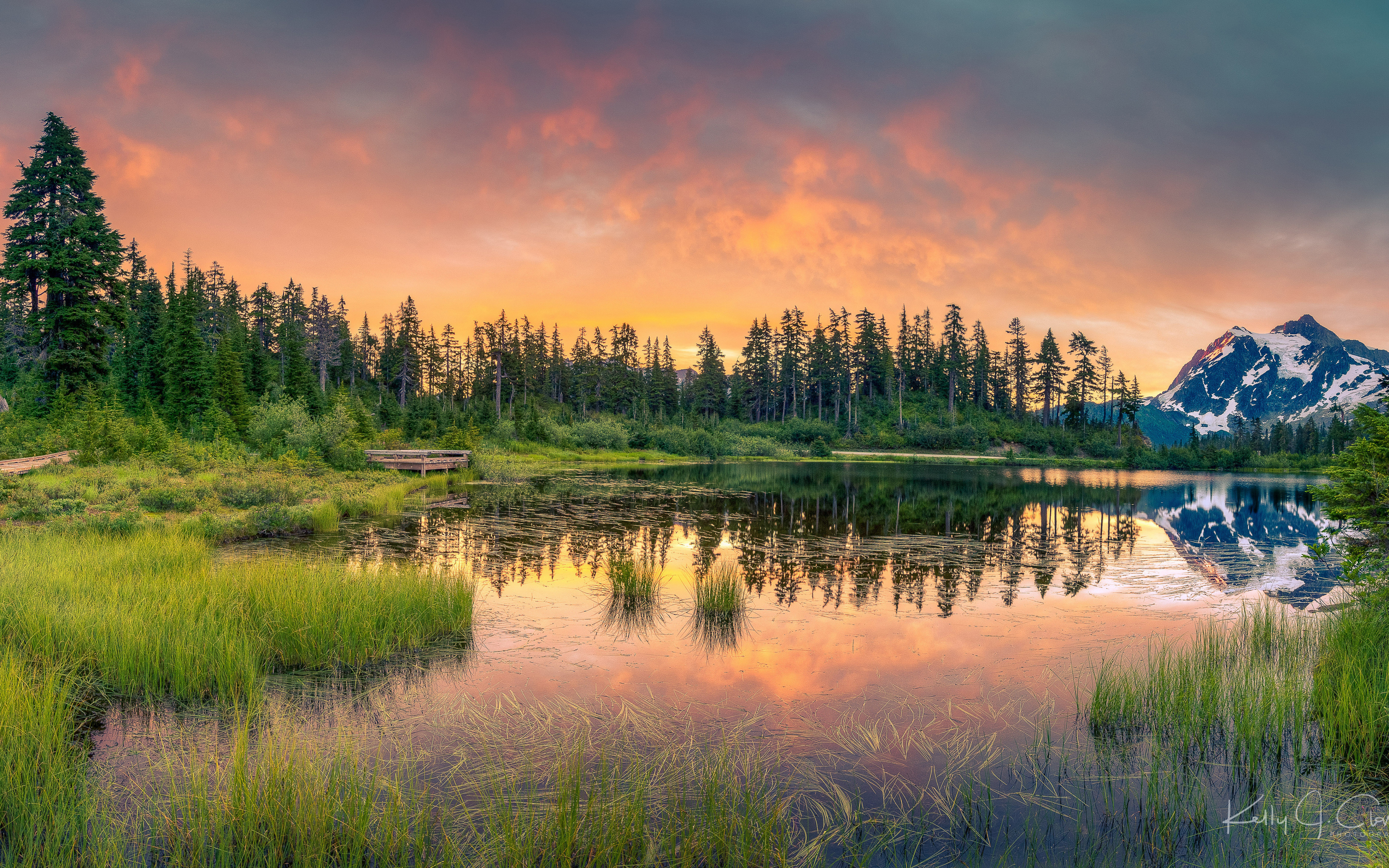 Earth, lake, reflections, sunset, tree, nature, 2880x1800 wallpaper