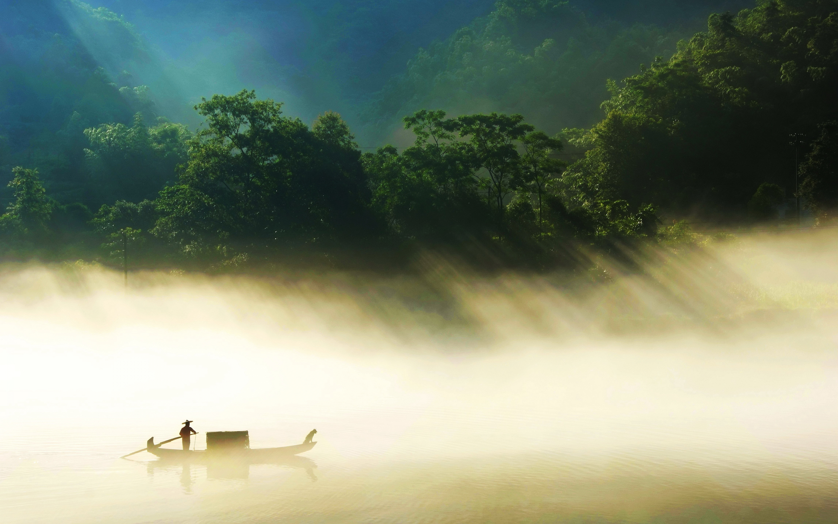 Lake, misty day, fisherman, countryside, foggy forest, nature, 2880x1800 wallpaper