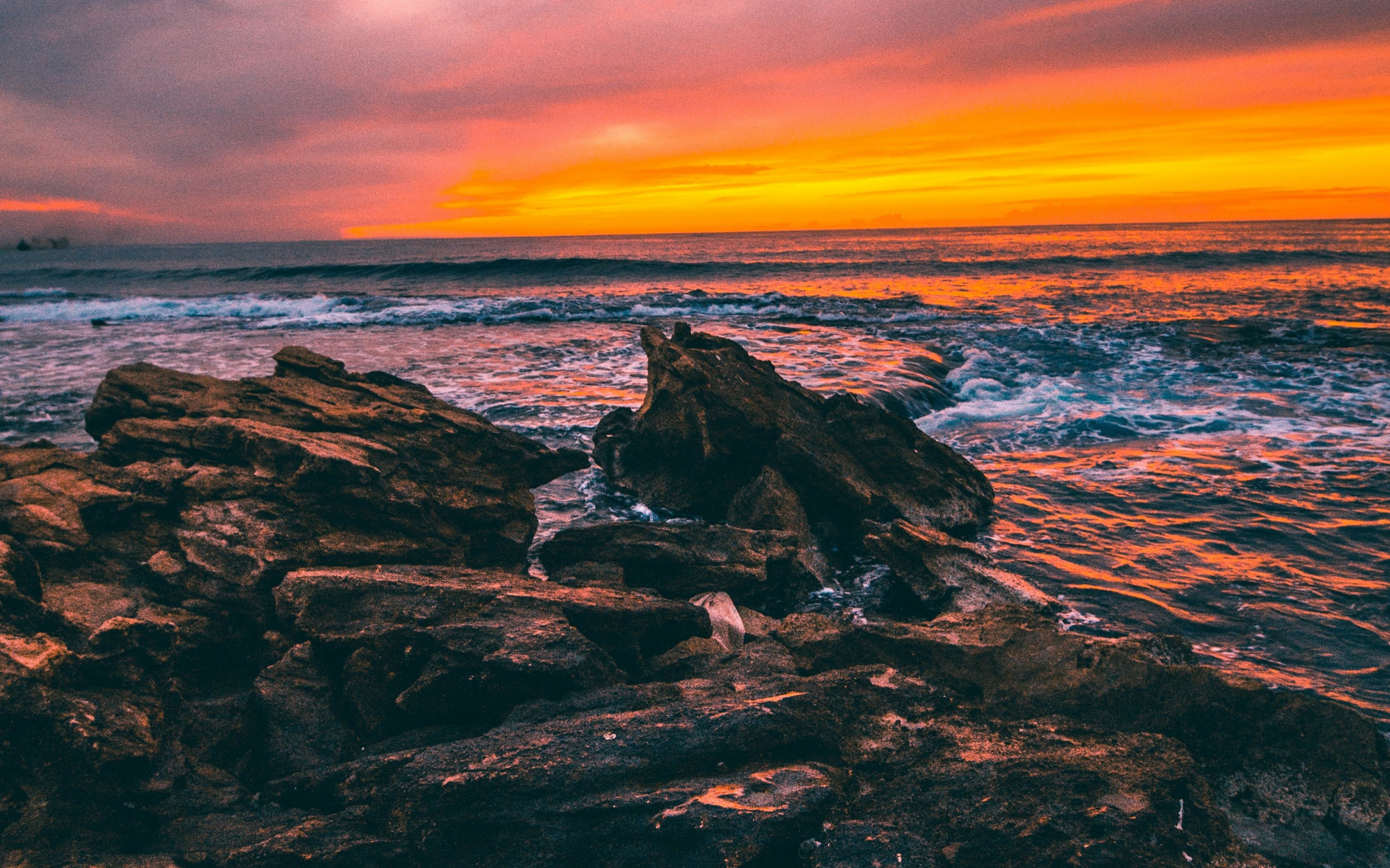 Rocks, coast, nature, sunset, 2880x1800 wallpaper