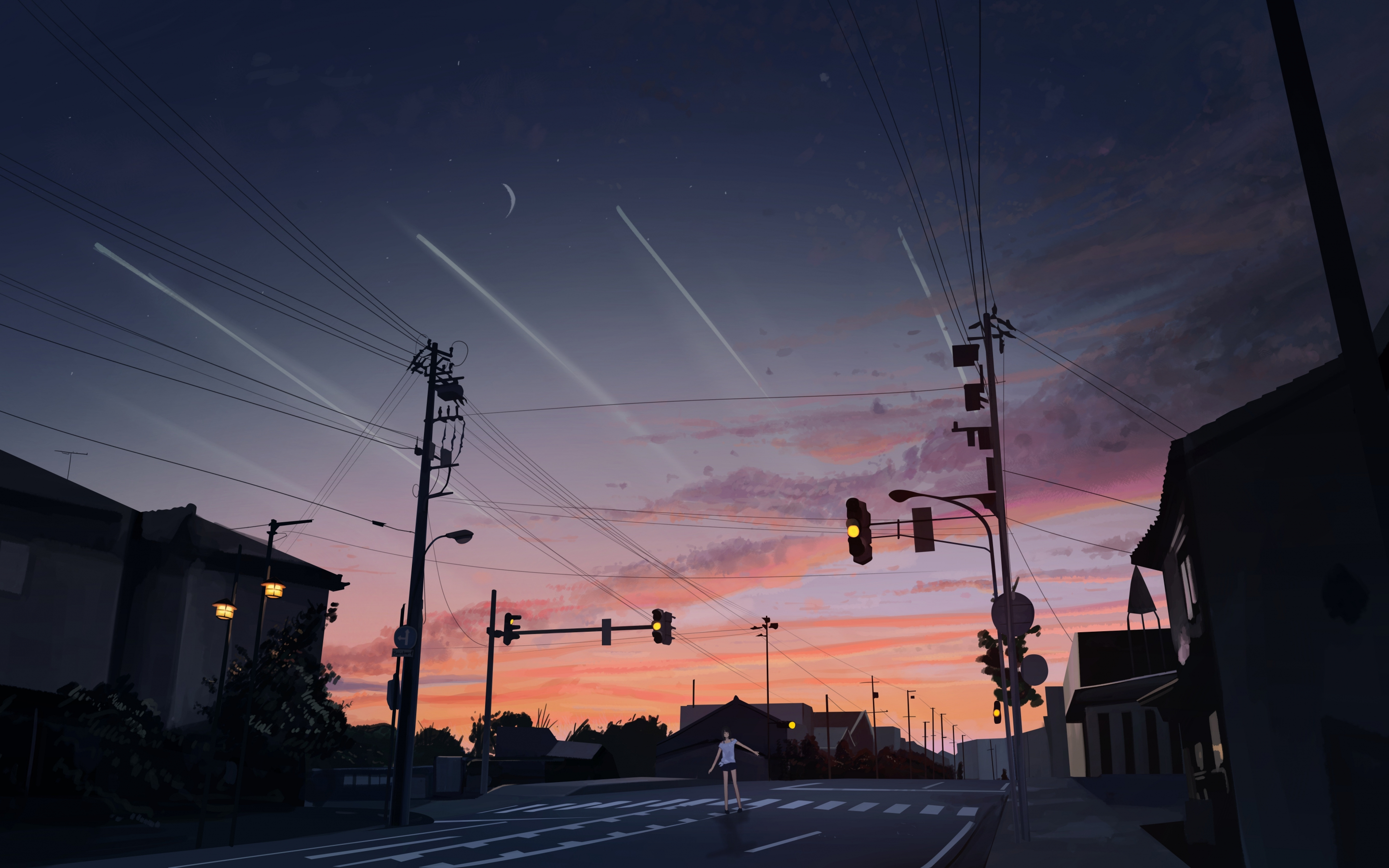 Sunset, street, original, anime girl, mood, 2880x1800 wallpaper