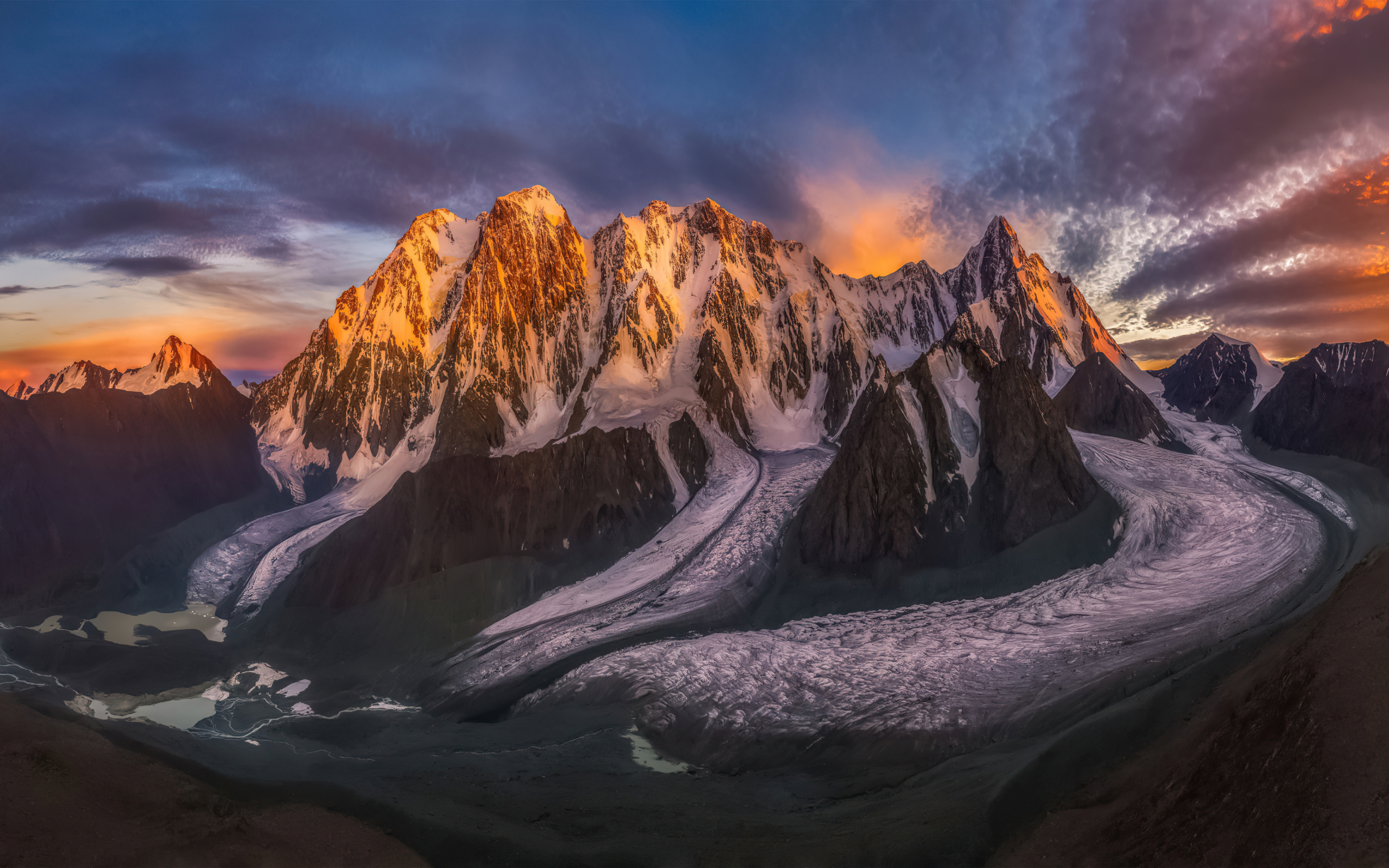 Glowing cliffs, mountains, sunset, 2880x1800 wallpaper