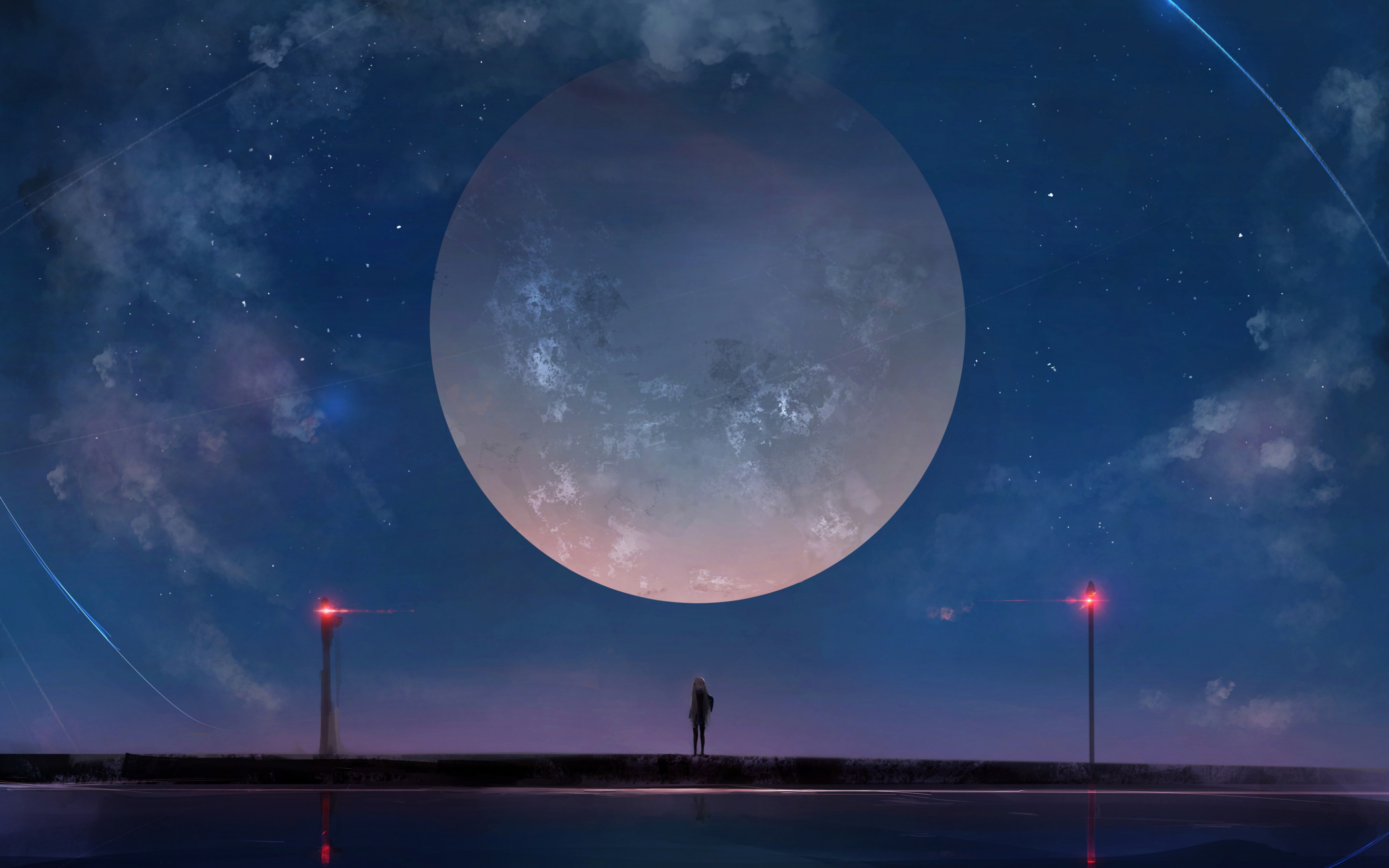 Big moon, anime girl, night, outdoor, 2880x1800 wallpaper