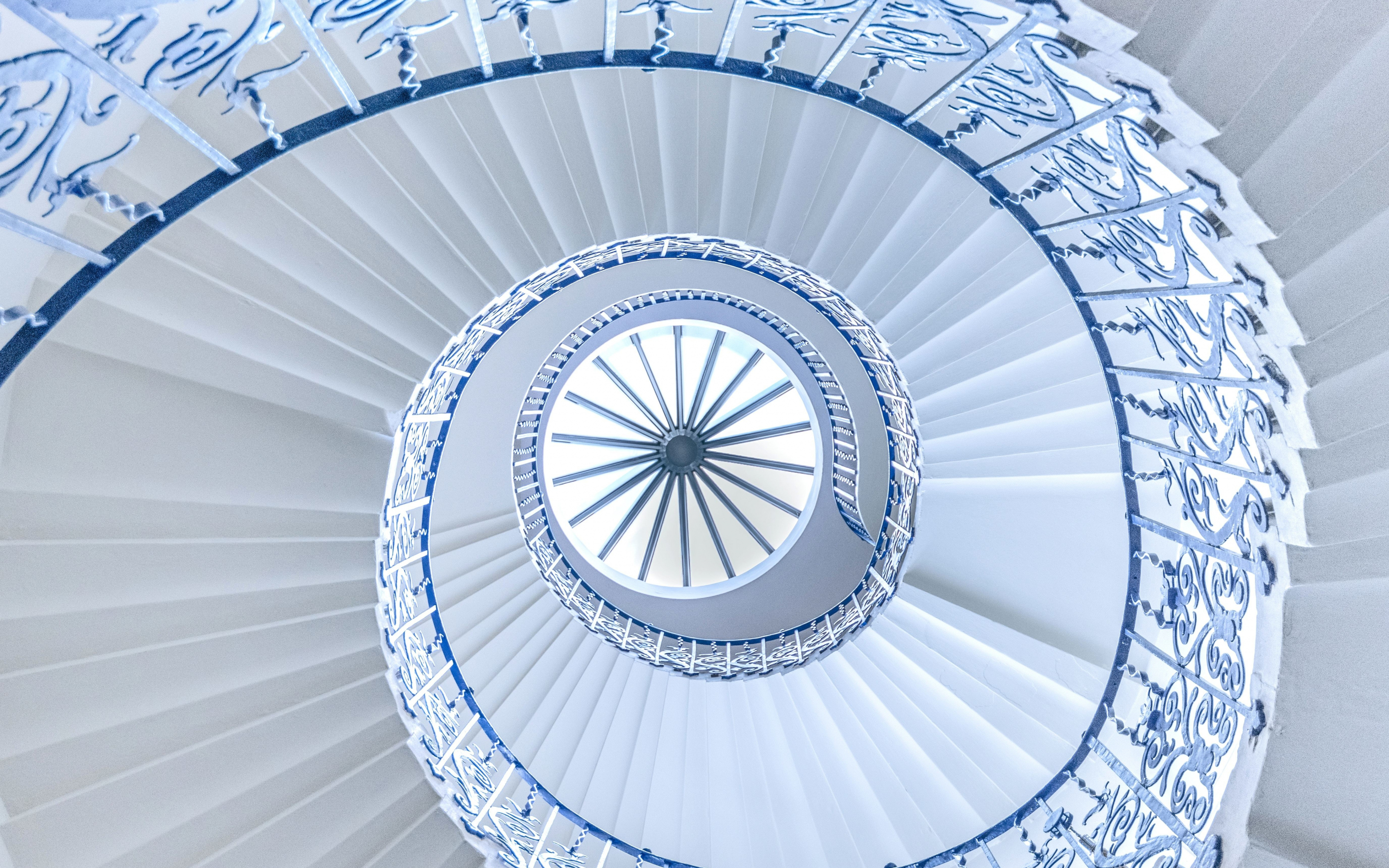 Spiral, white-blue stairs, interior, 2880x1800 wallpaper