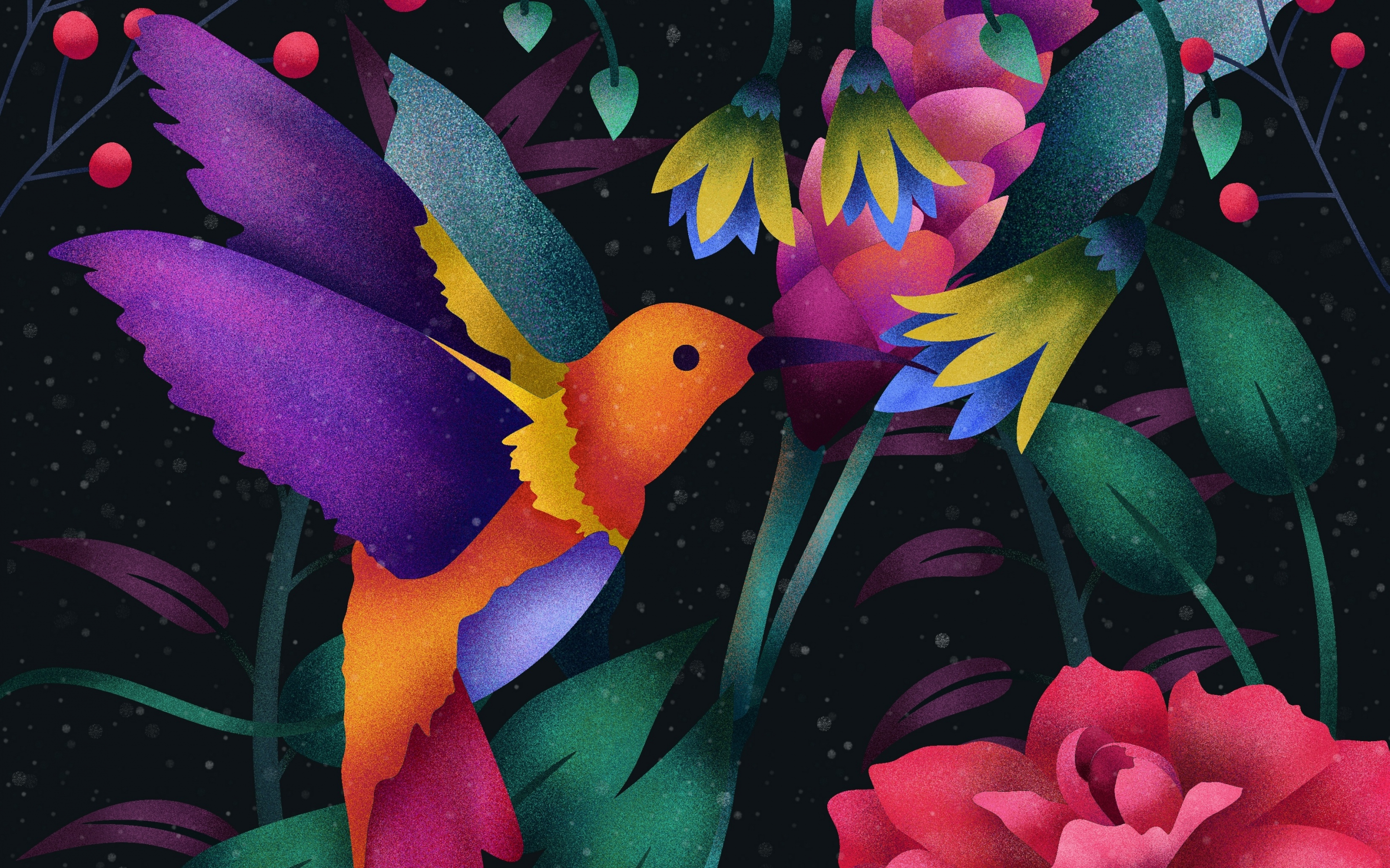 Hummingbird, abstract, colorful, flowers, 2880x1800 wallpaper