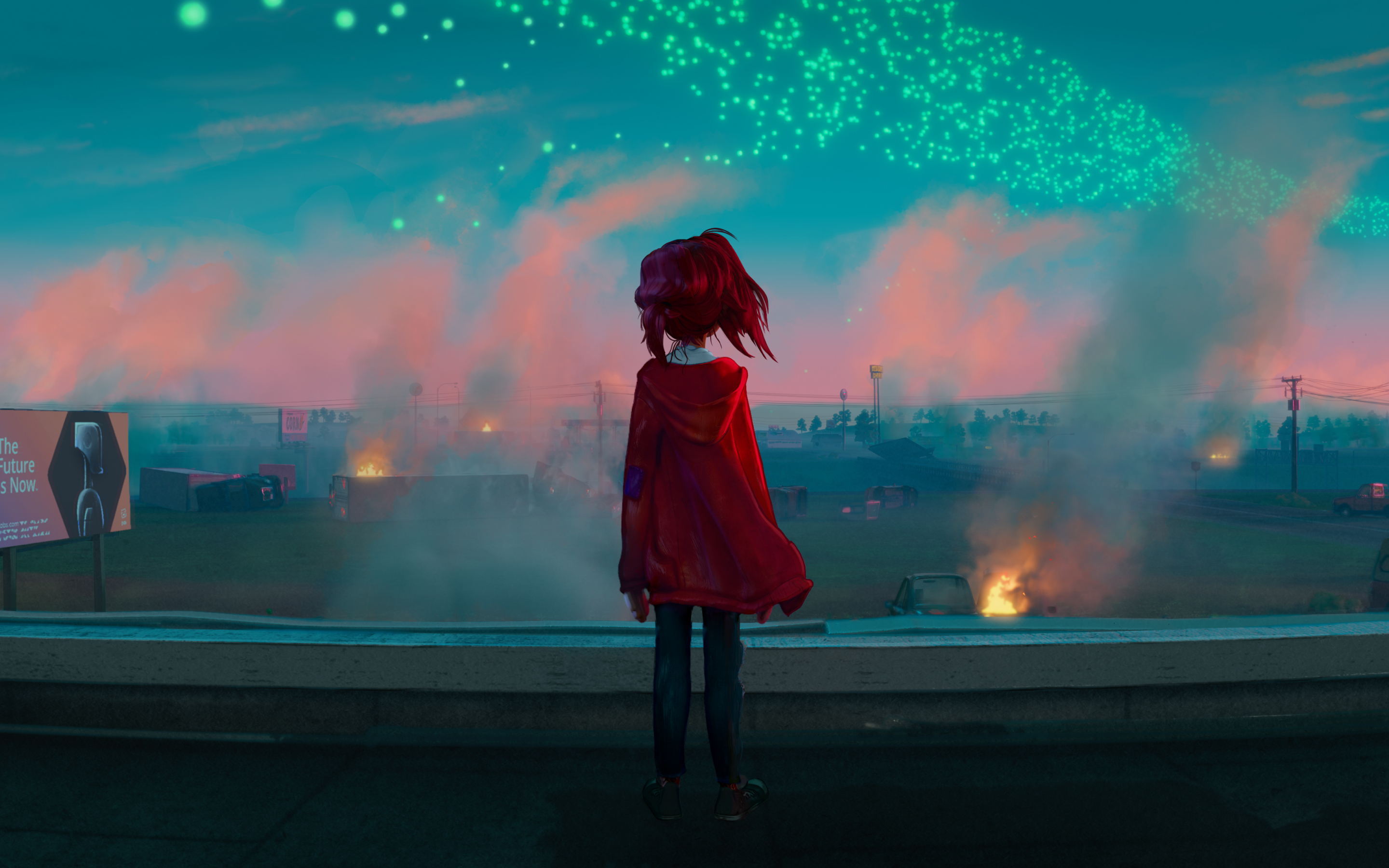 Little anime girl, lost girl, cityscape, art, 2880x1800 wallpaper