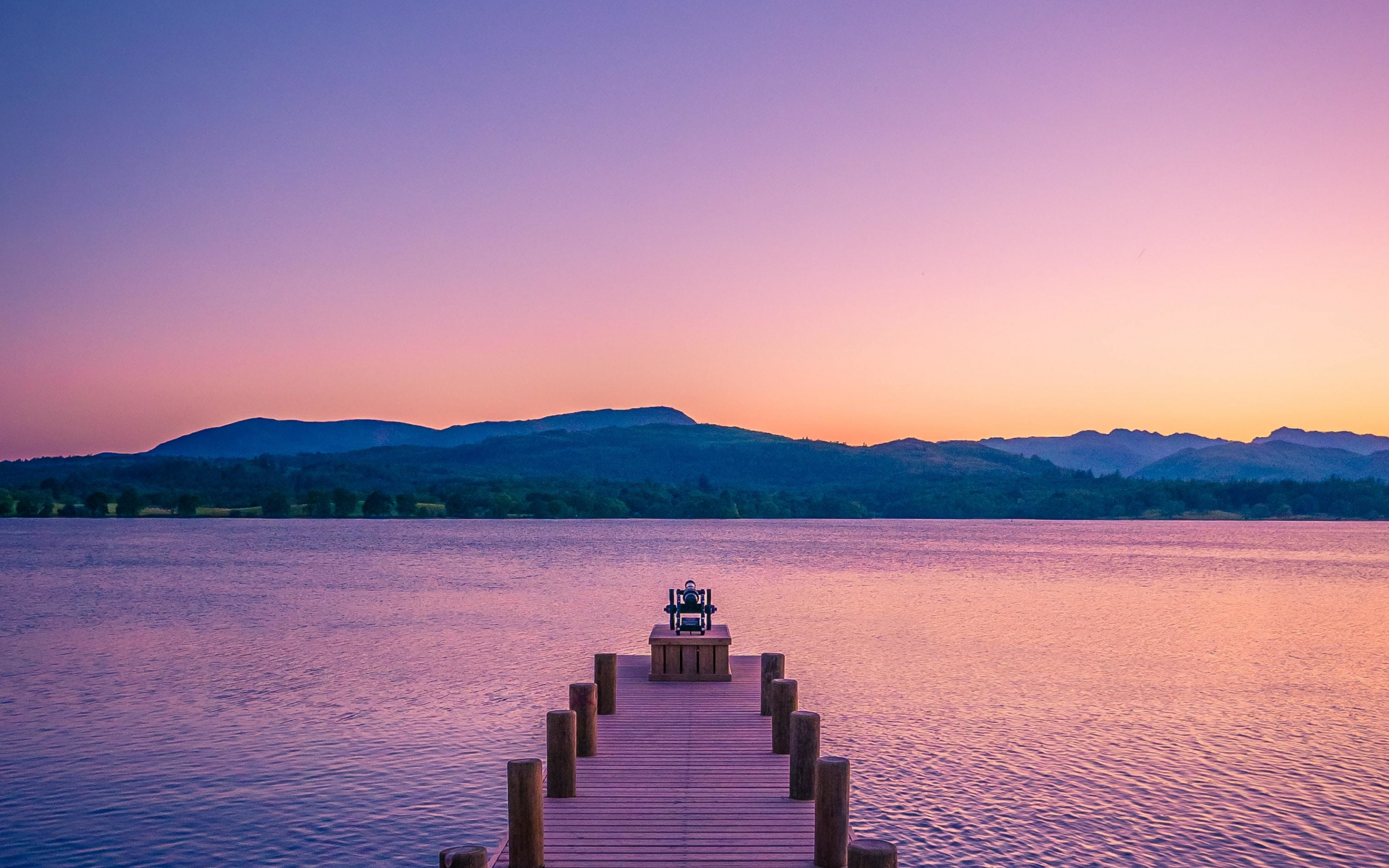 Calm pier, lake, sunset, 2880x1800 wallpaper