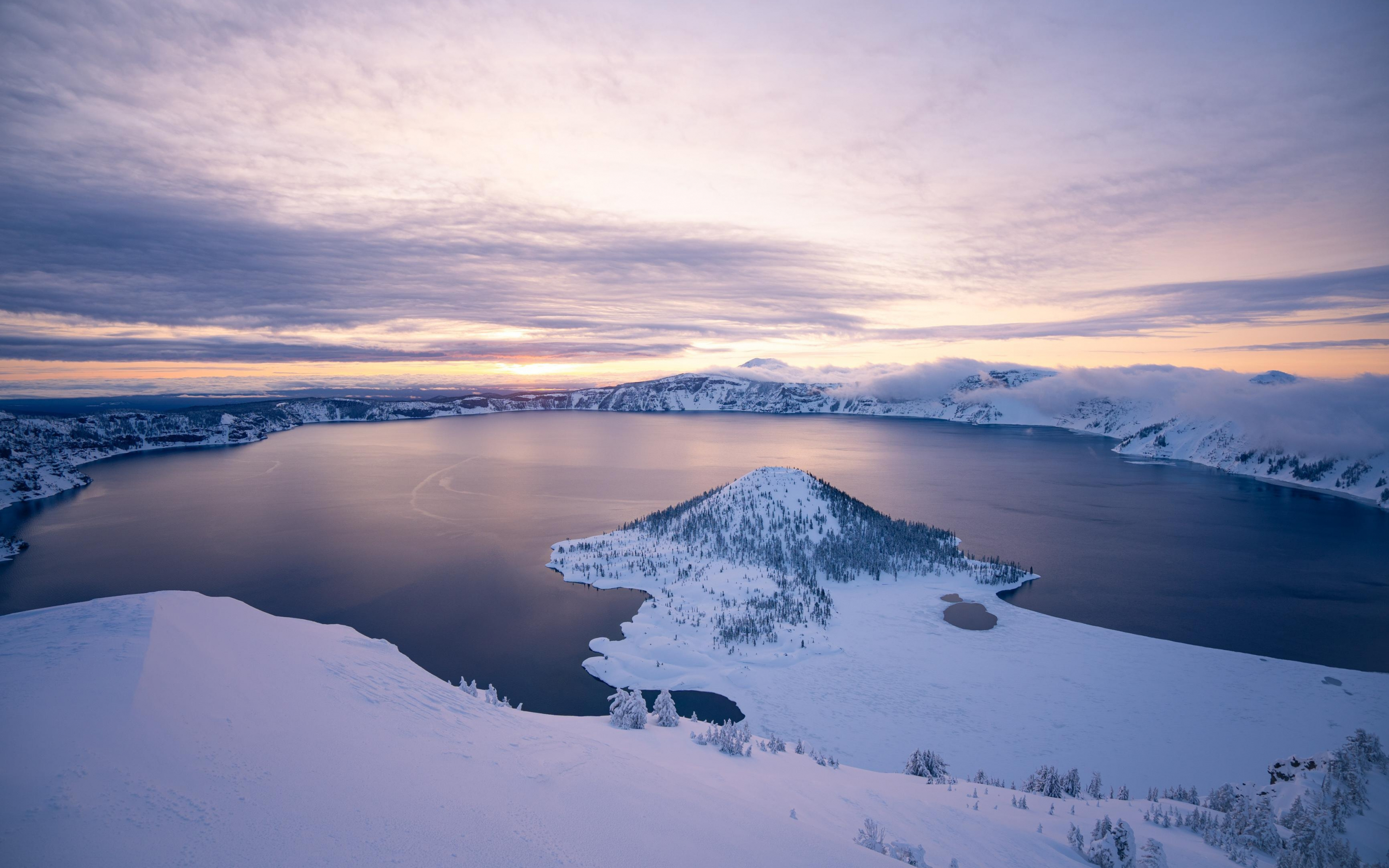 Lake, ice lake, sunset of winter, nature, 2880x1800 wallpaper