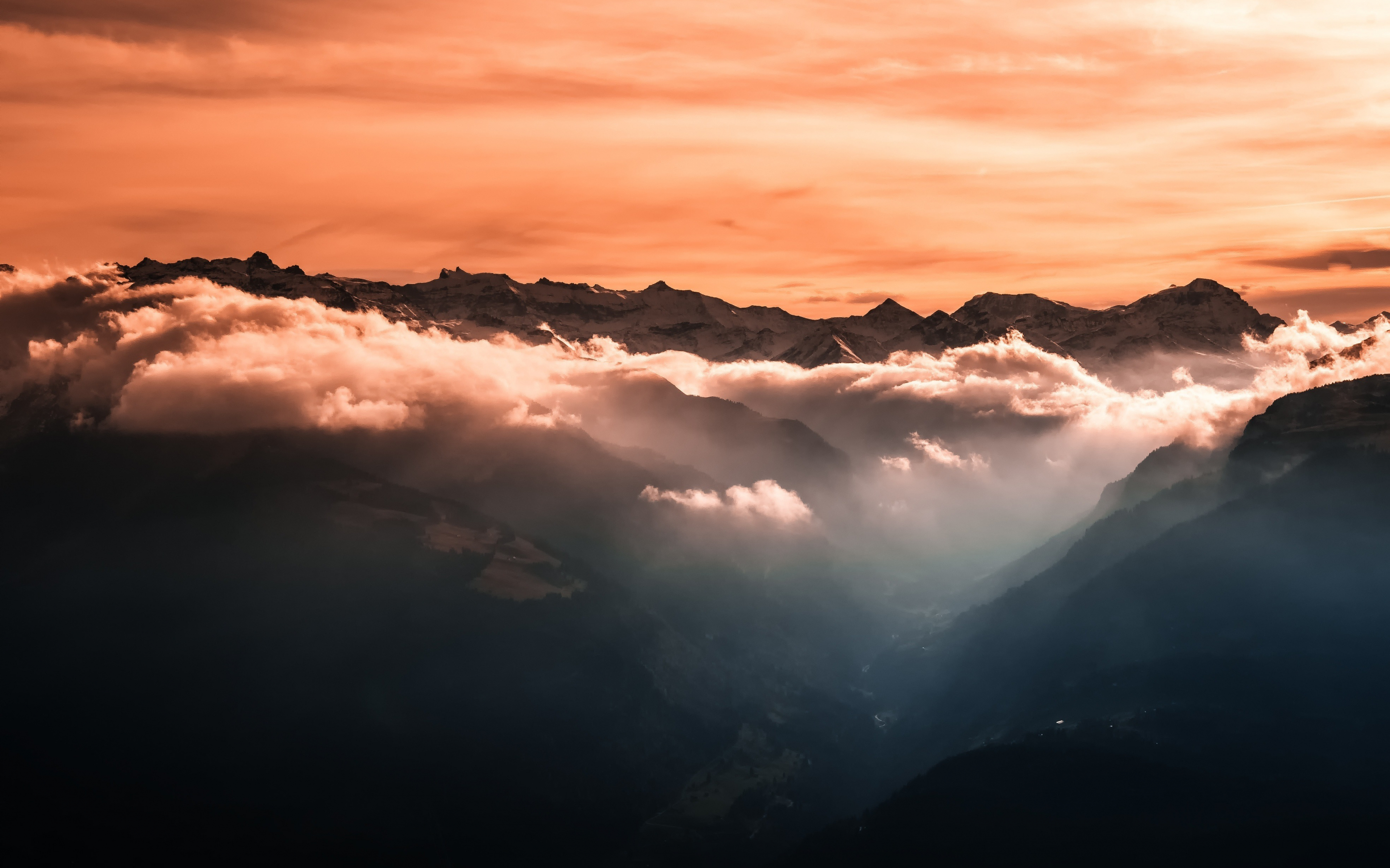 Mountains, clouds, nature, yellow sky, 2880x1800 wallpaper