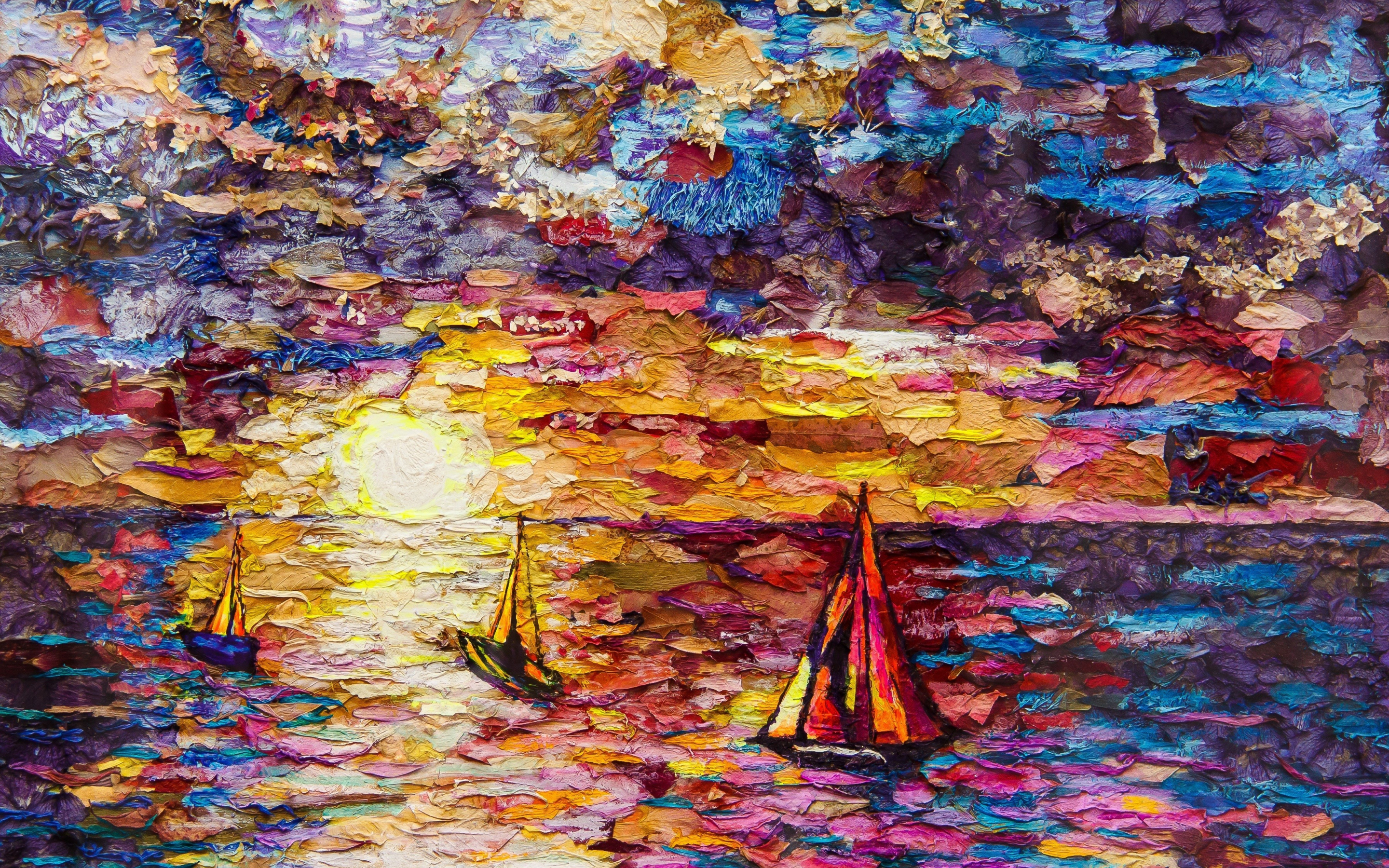 Sea, ships, sunset, colorful, artwork, texture, 2880x1800 wallpaper
