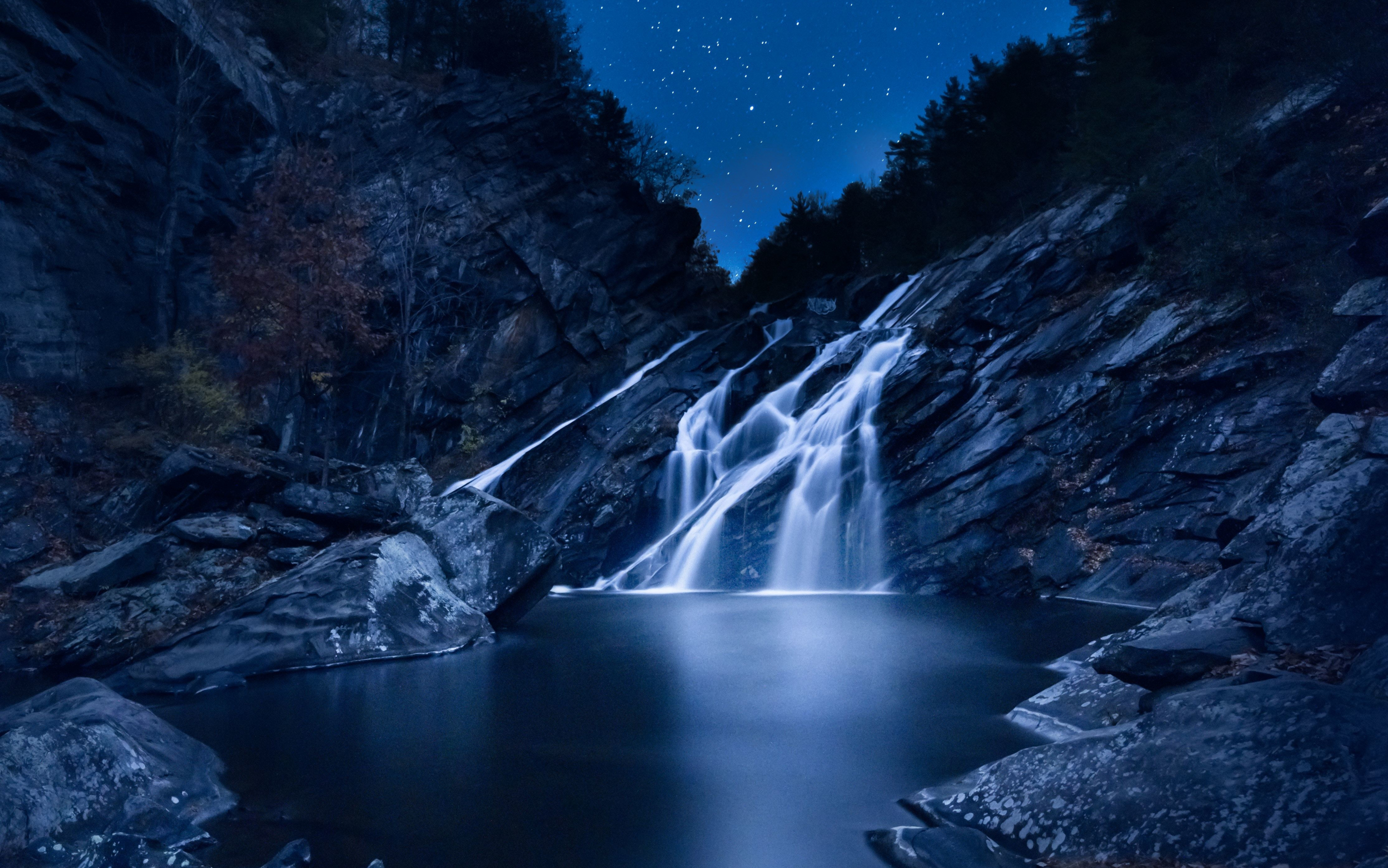 Waterfall, starry sky, night, current, stones, 2880x1800 wallpaper