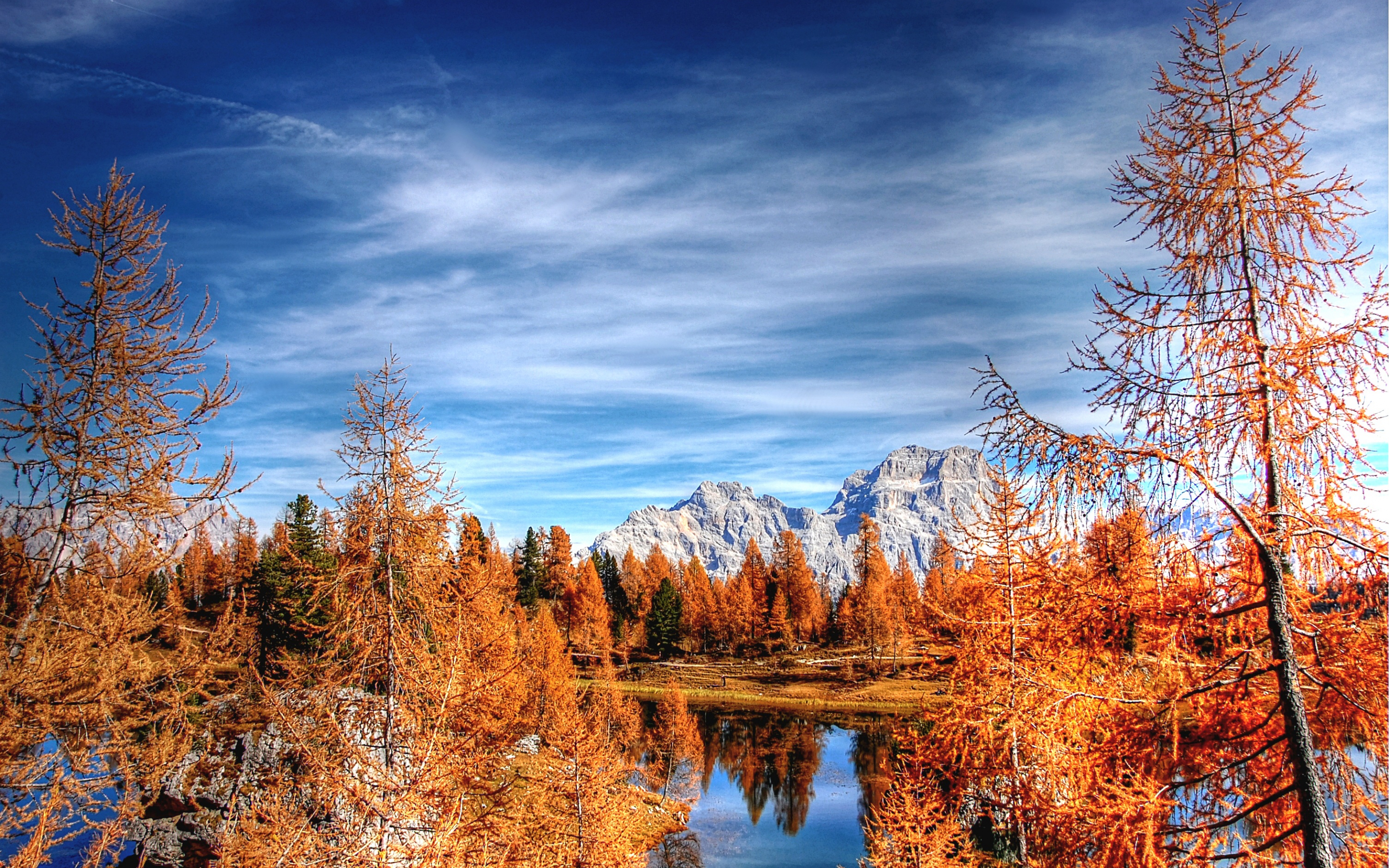 Dolomites, mountains, forest, lake, clean sky, autumn, 2880x1800 wallpaper