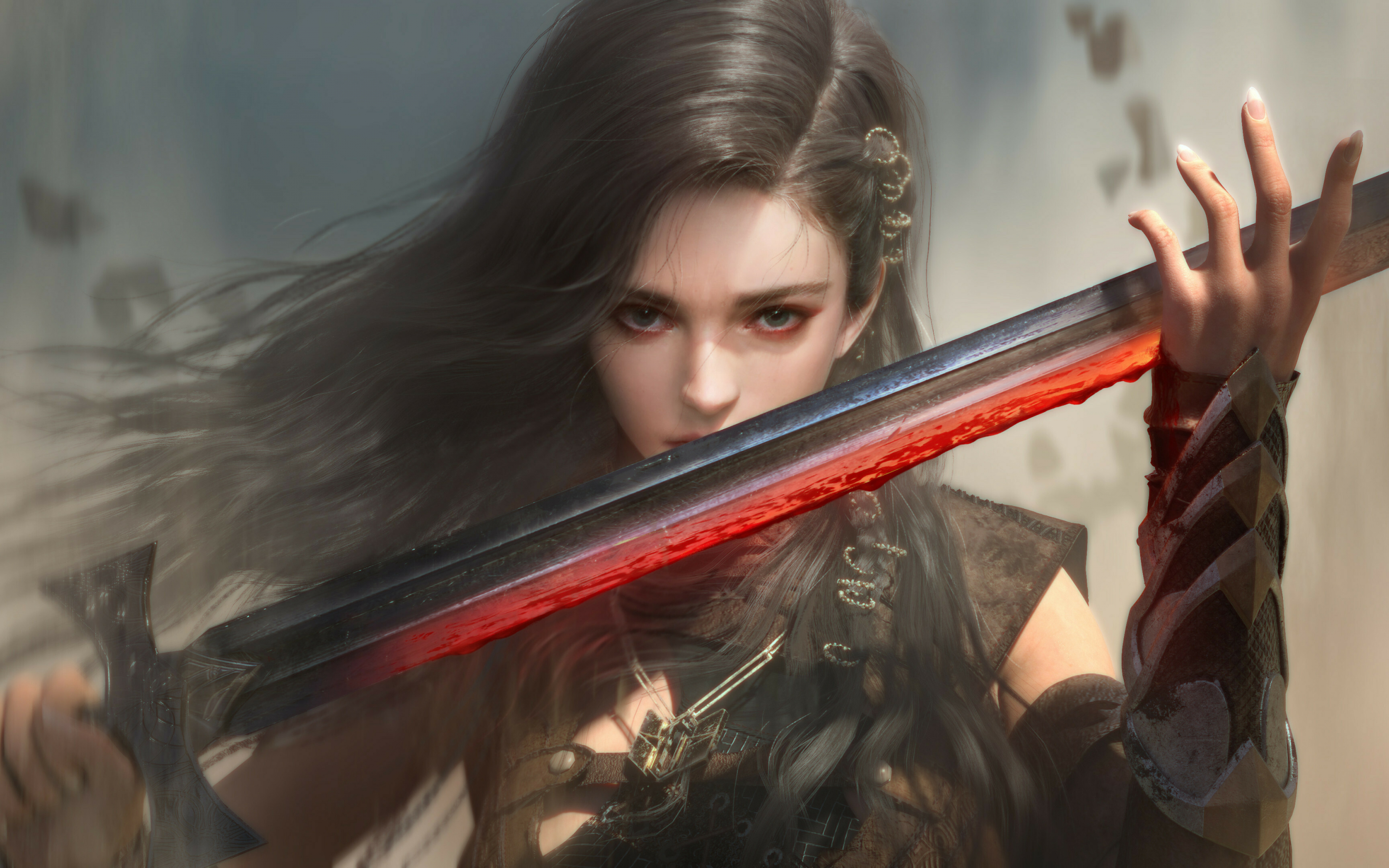Beautiful female warrior with sword, fantasy, 2880x1800 wallpaper