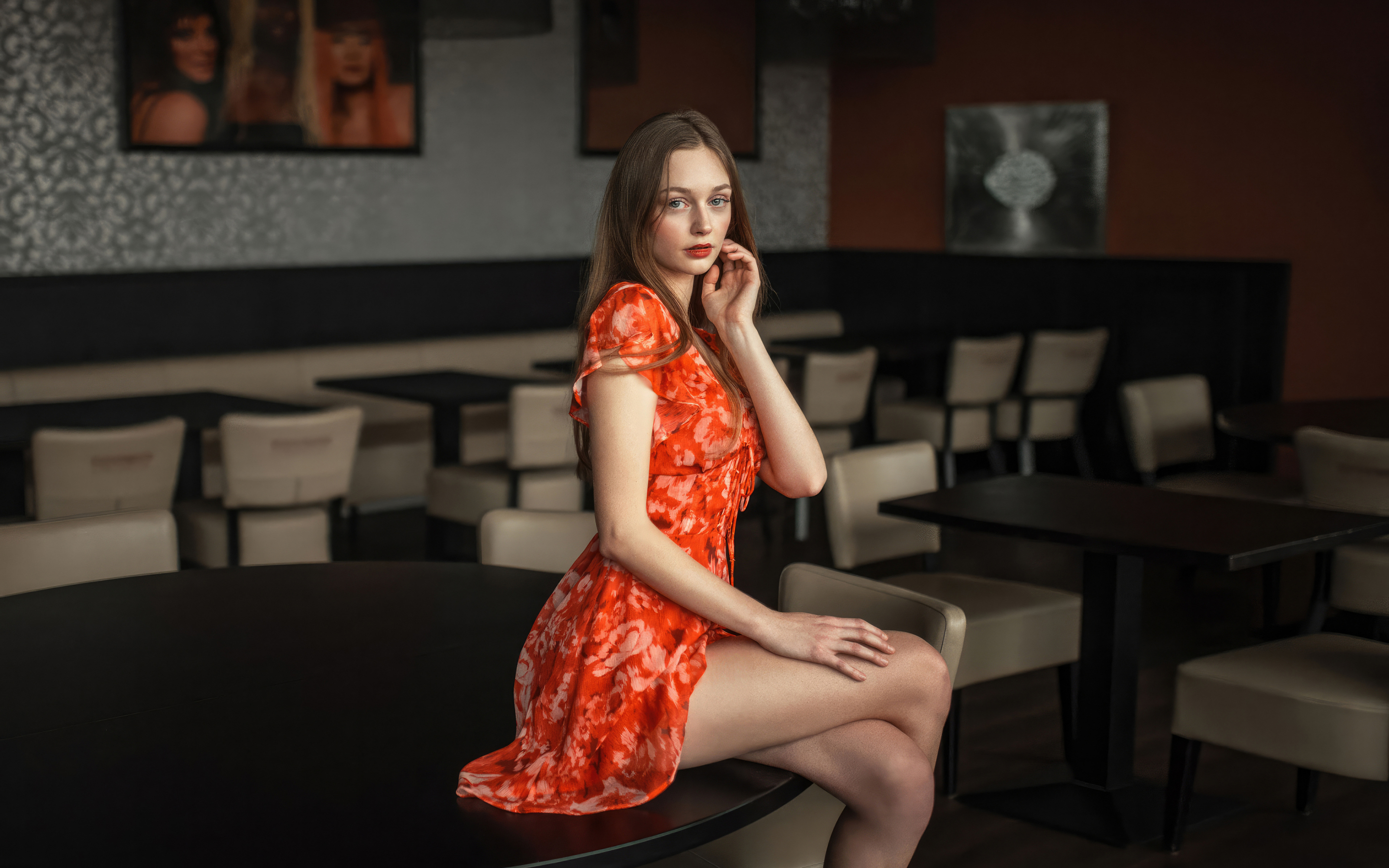 Brunette, orange skirt, pretty girl, 2880x1800 wallpaper