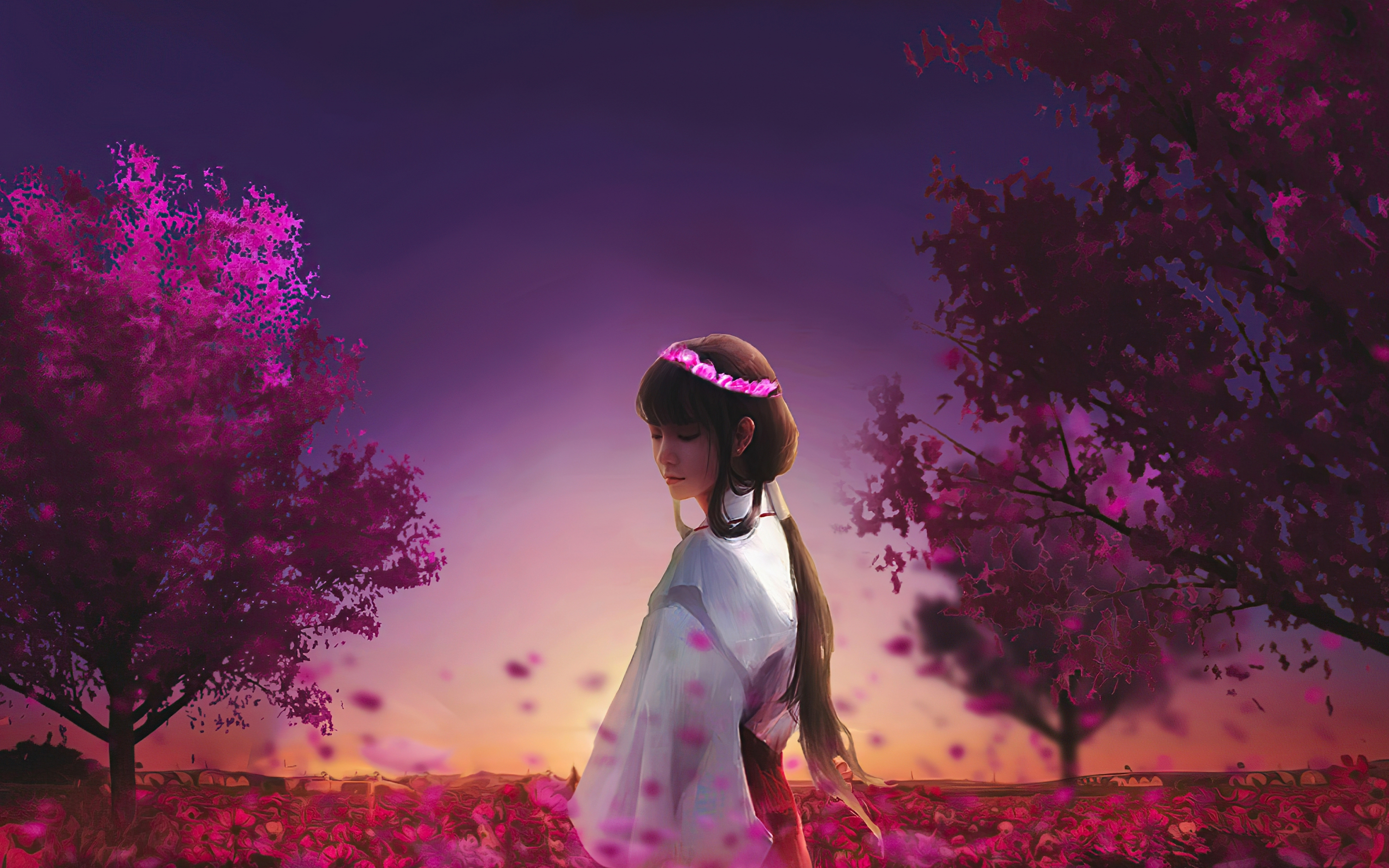 Ancient dress, anime girl, walk, garden, blossom, artwork, 2880x1800 wallpaper