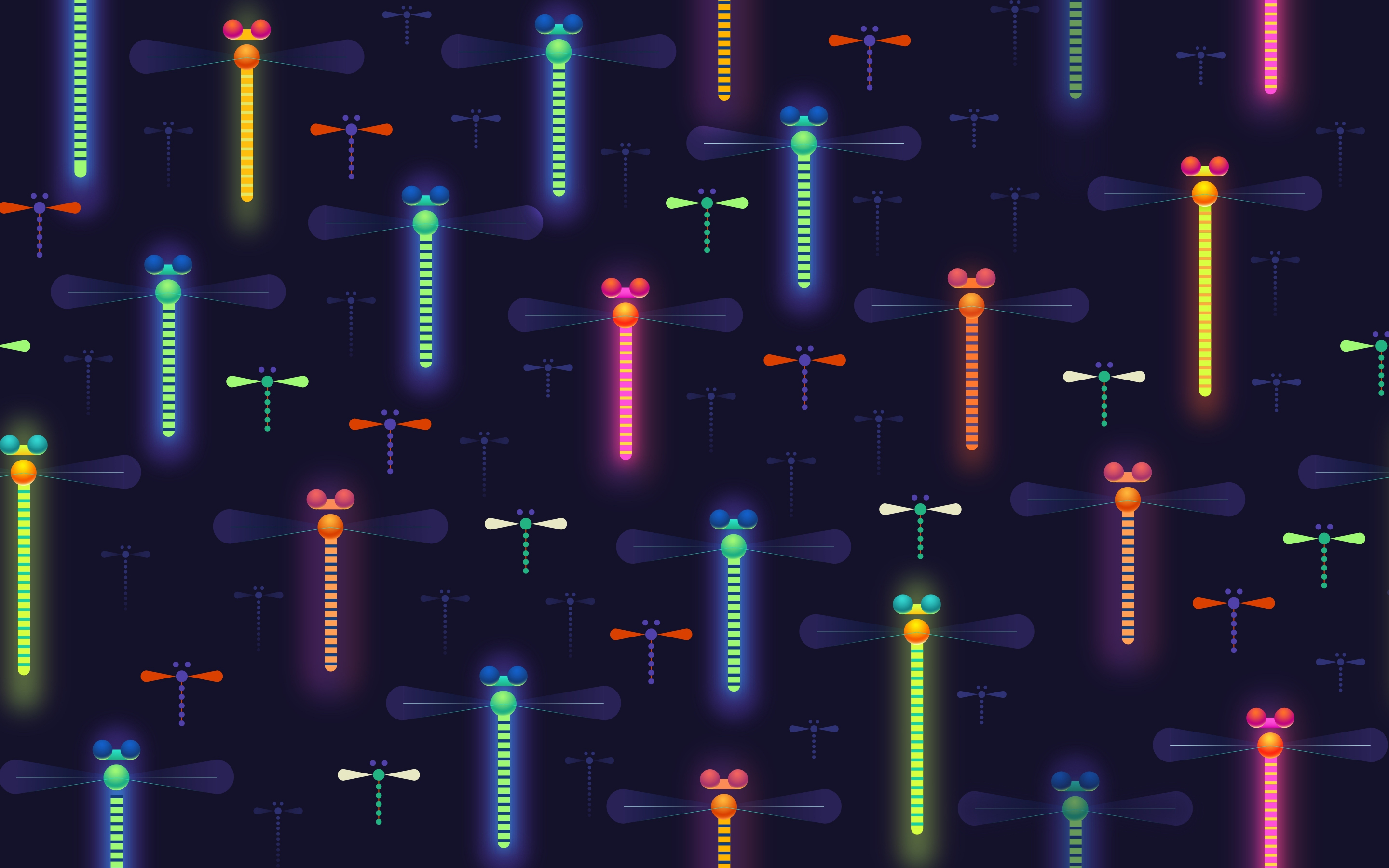 Dragonflies, neon, colorful, dark, 2880x1800 wallpaper