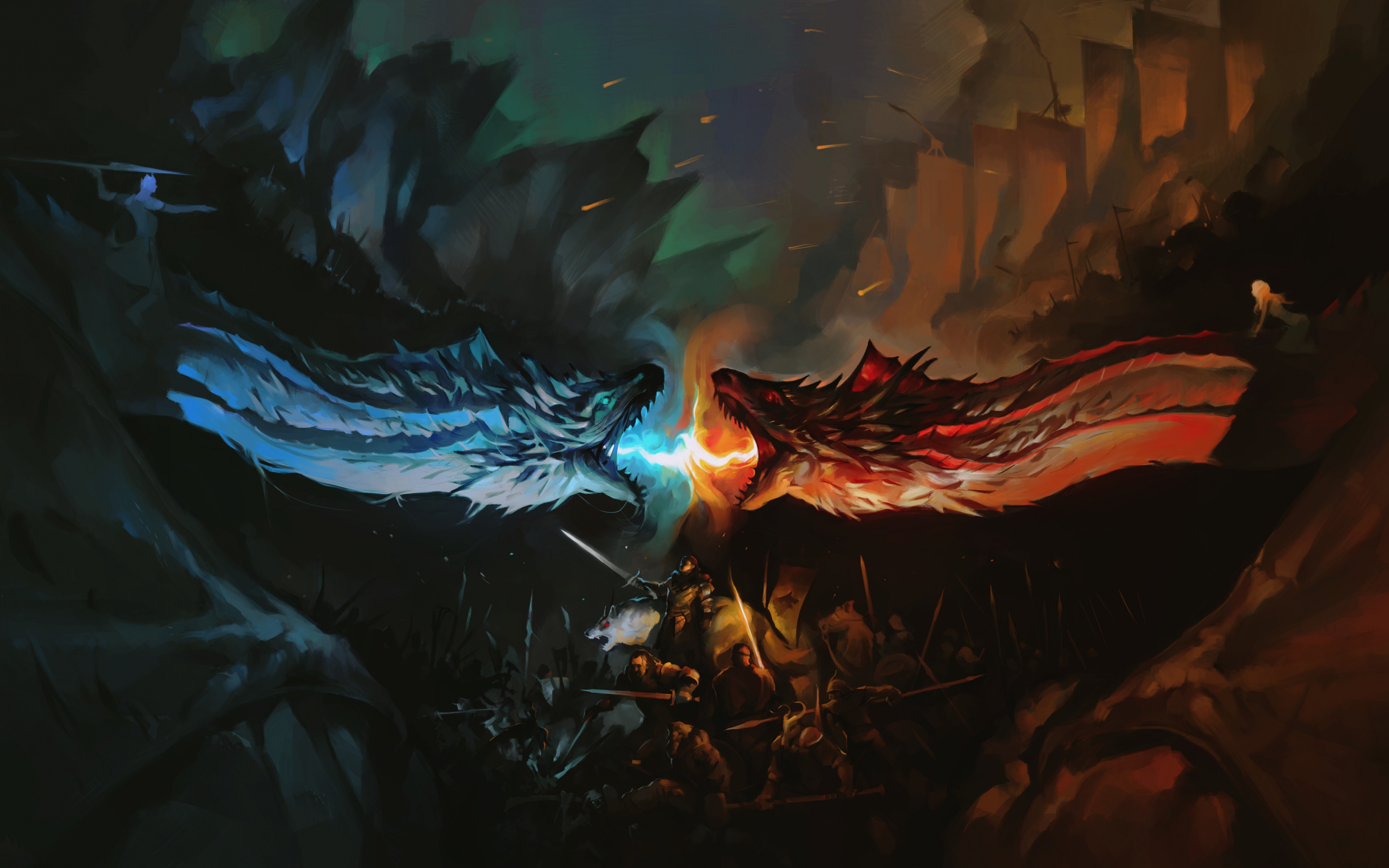 Game of thrones, tv series, dragons' fight, fan art, 2880x1800 wallpaper