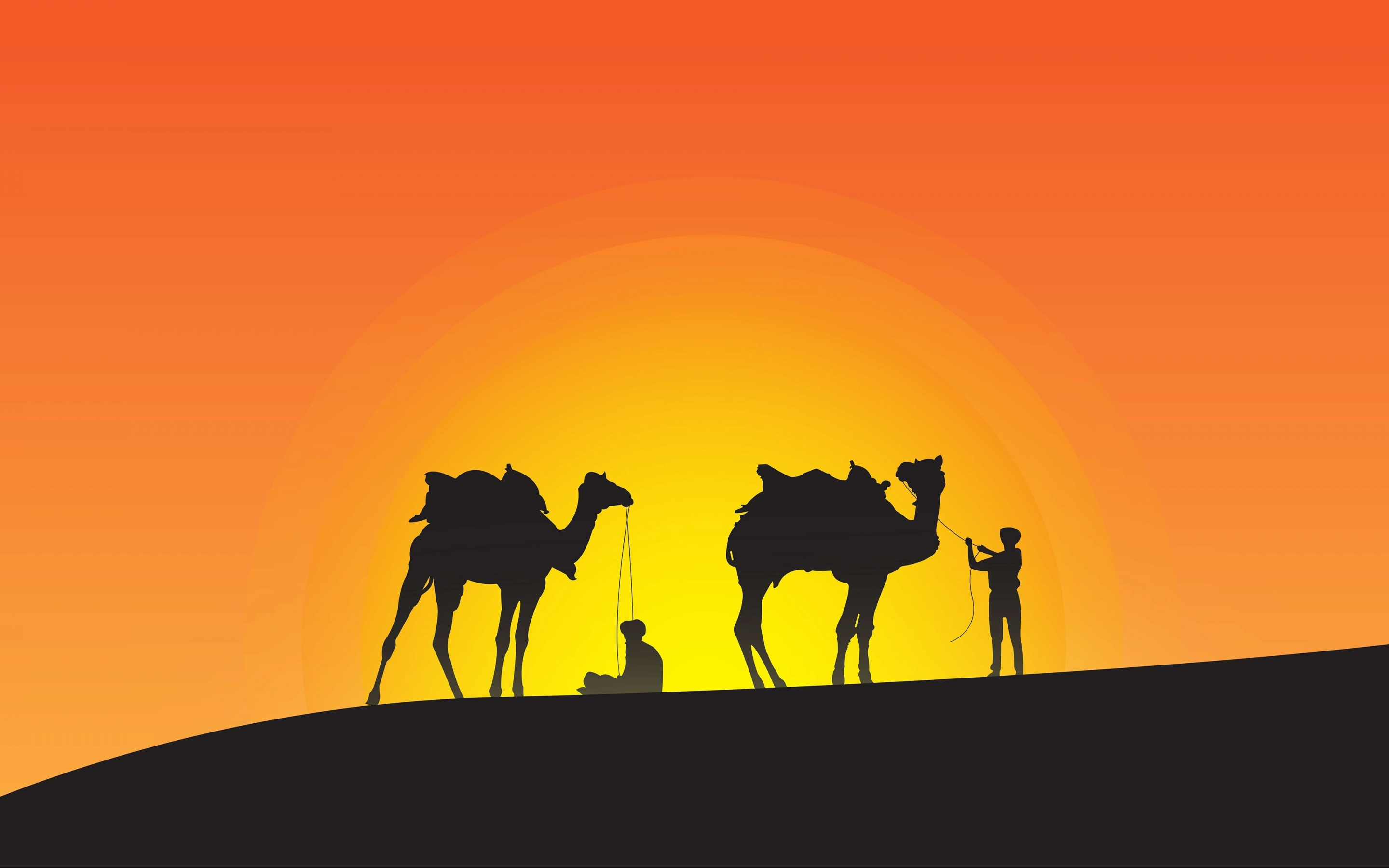 Camels, sunset, silhouette, desert, minimal, 2880x1800 wallpaper