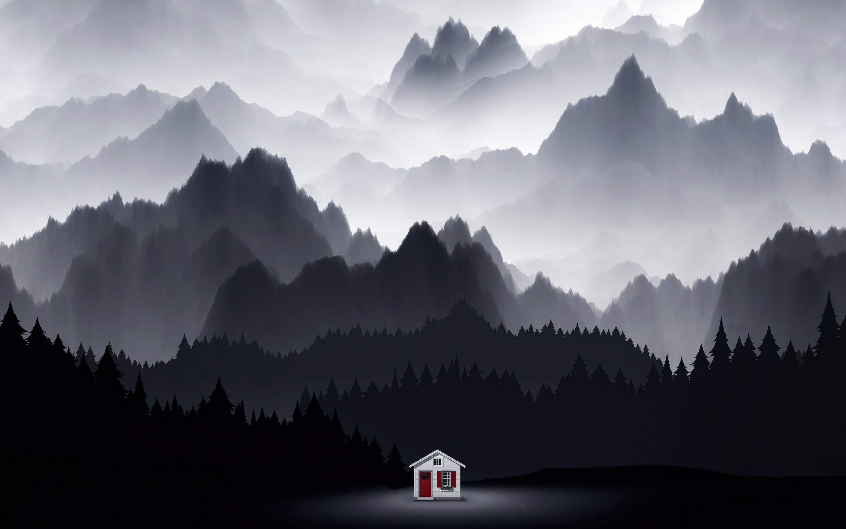 Small cabin in forest, dark, minimal art, 2880x1800 wallpaper