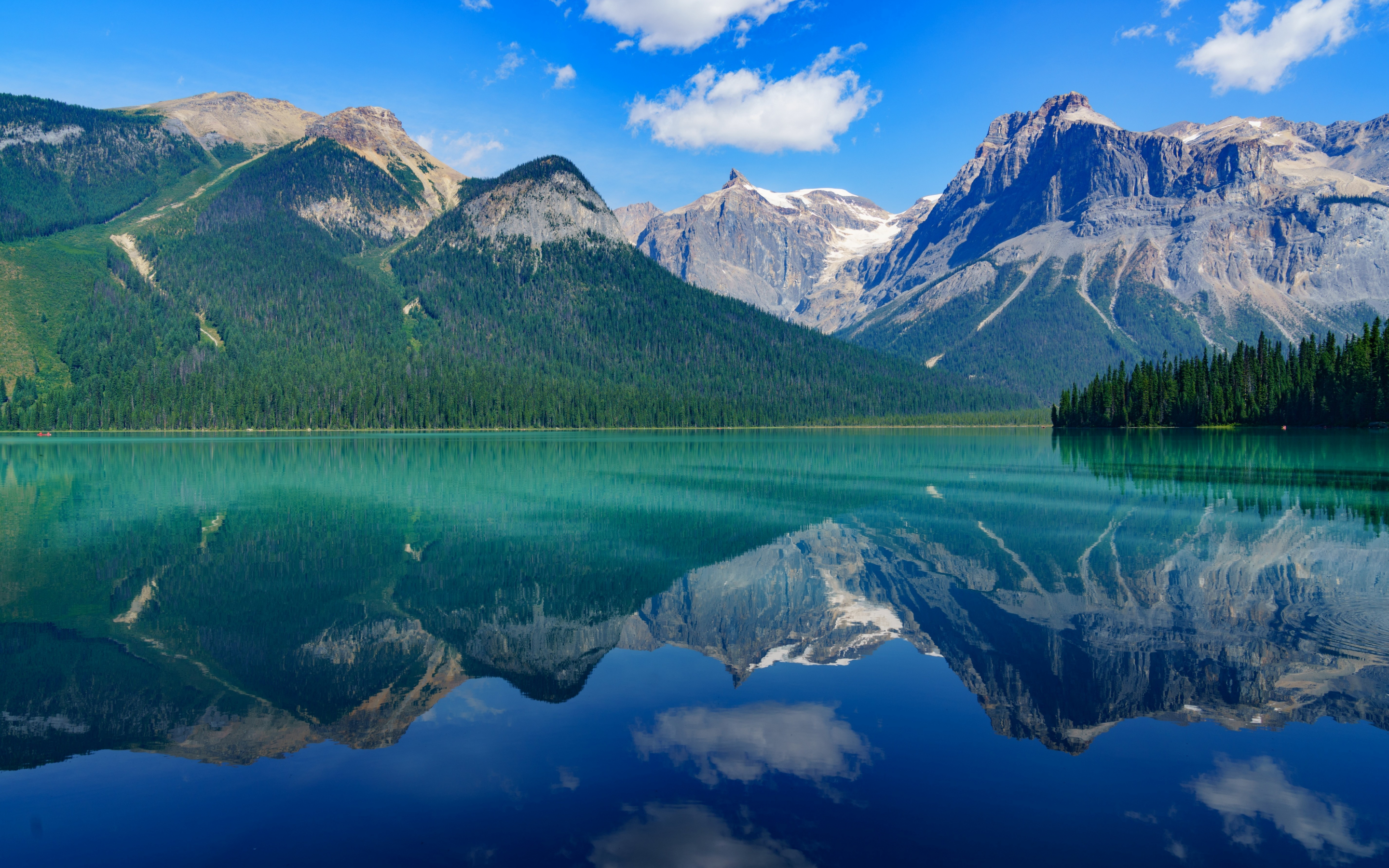 Lake, reflections, mountains, nature, tree, 2880x1800 wallpaper