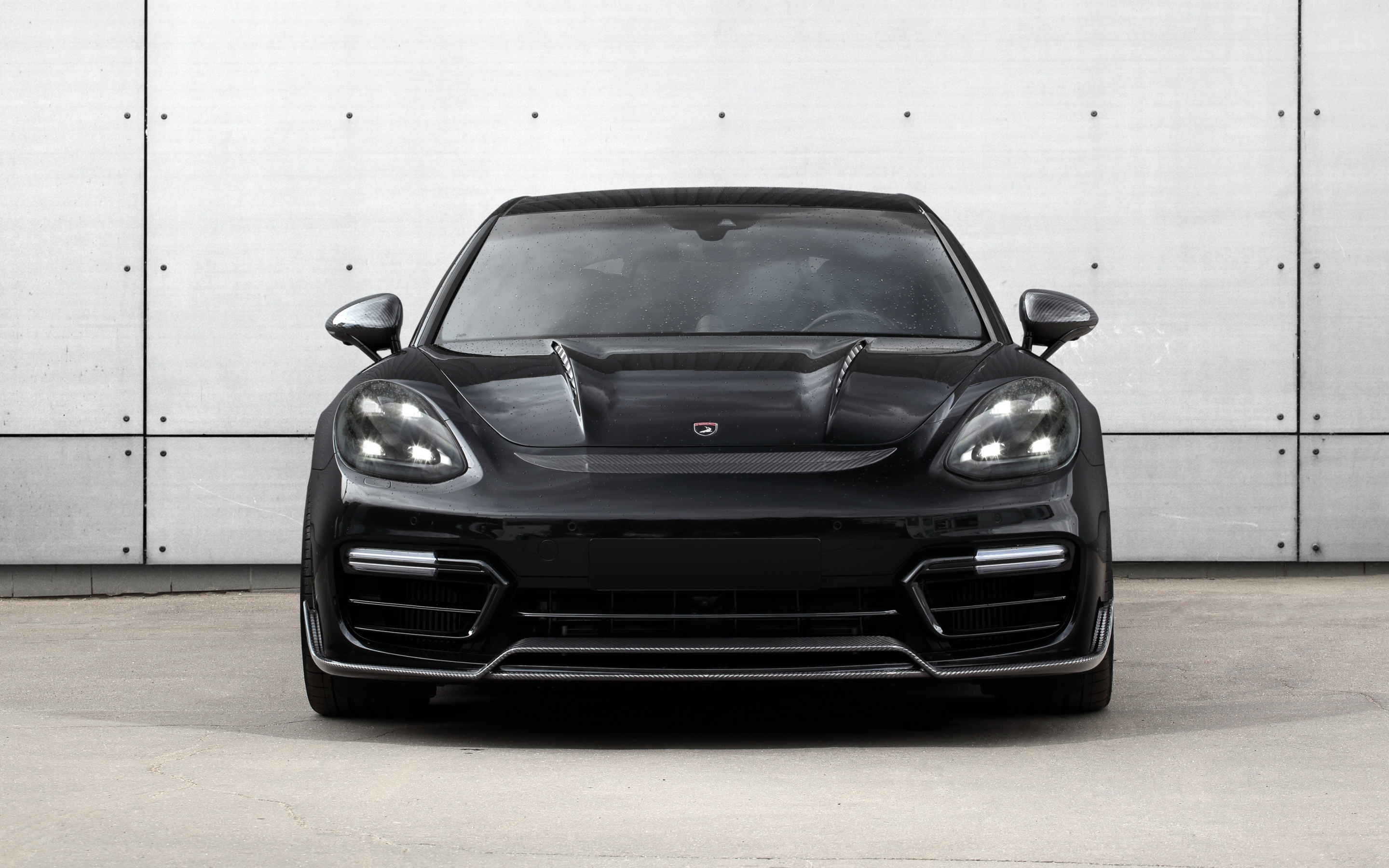 Front, sports car, Porsche Panamera, black, 2880x1800 wallpaper