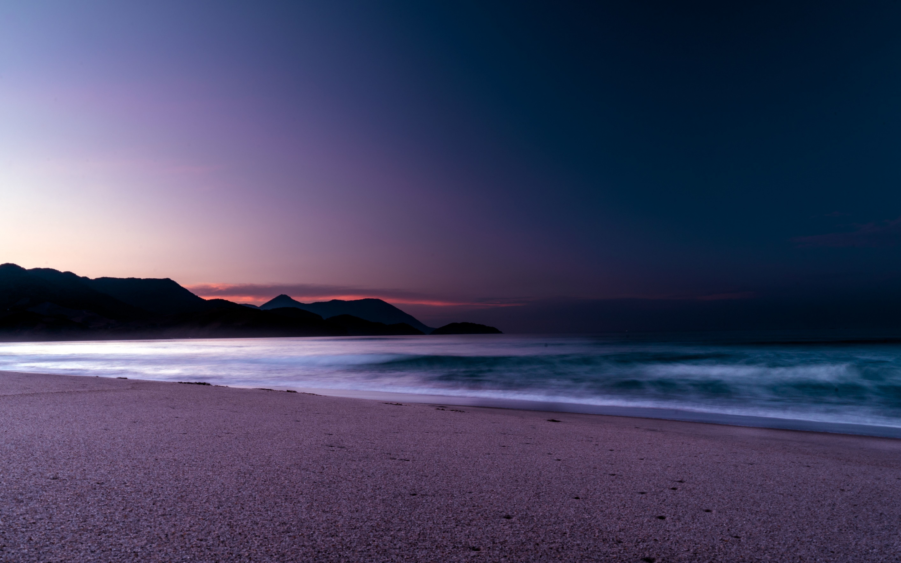 Calm, beach, purple, sunset, 2880x1800 wallpaper