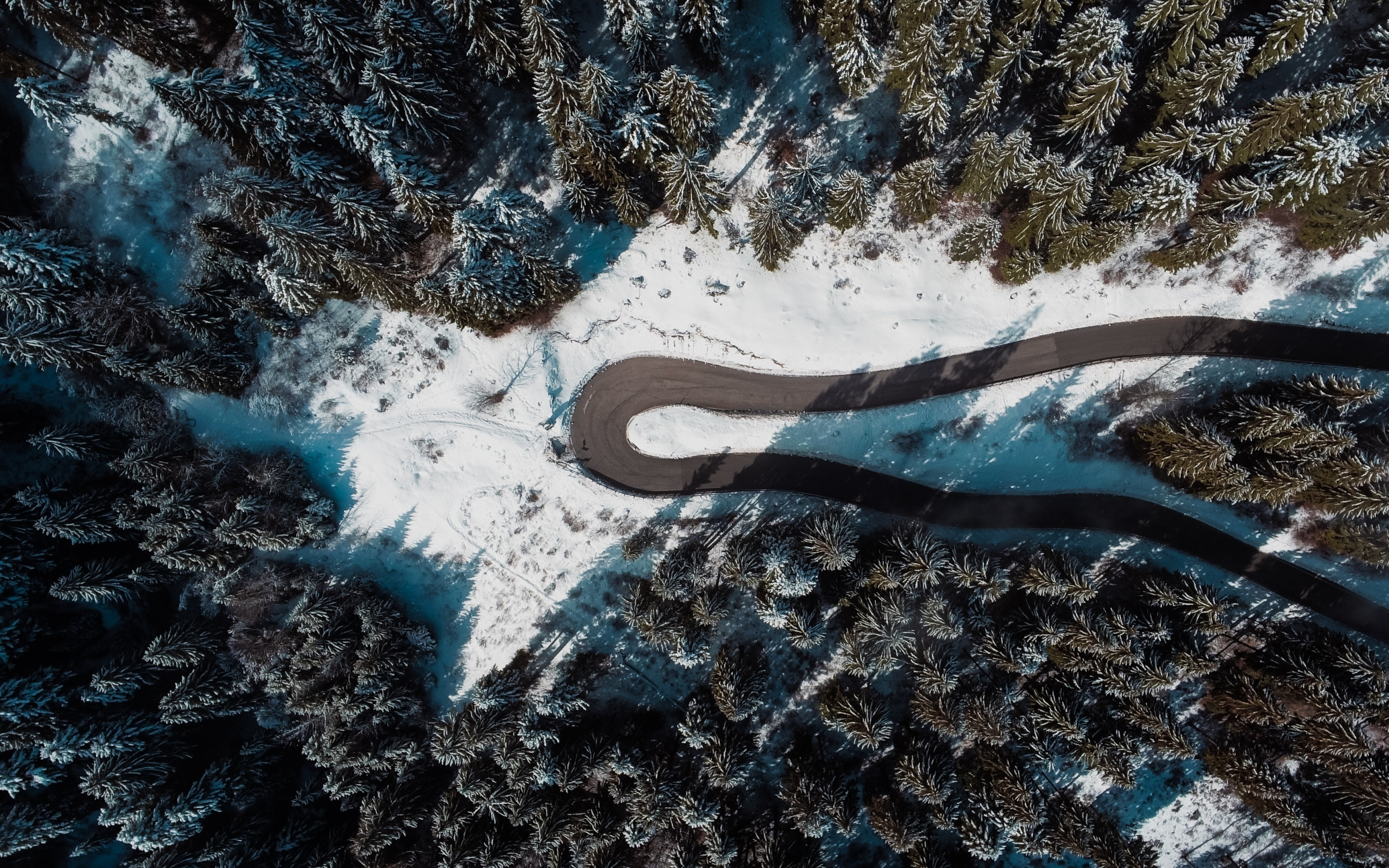 Aerial view, road's turn, tree, forest, winter, nature, 2880x1800 wallpaper