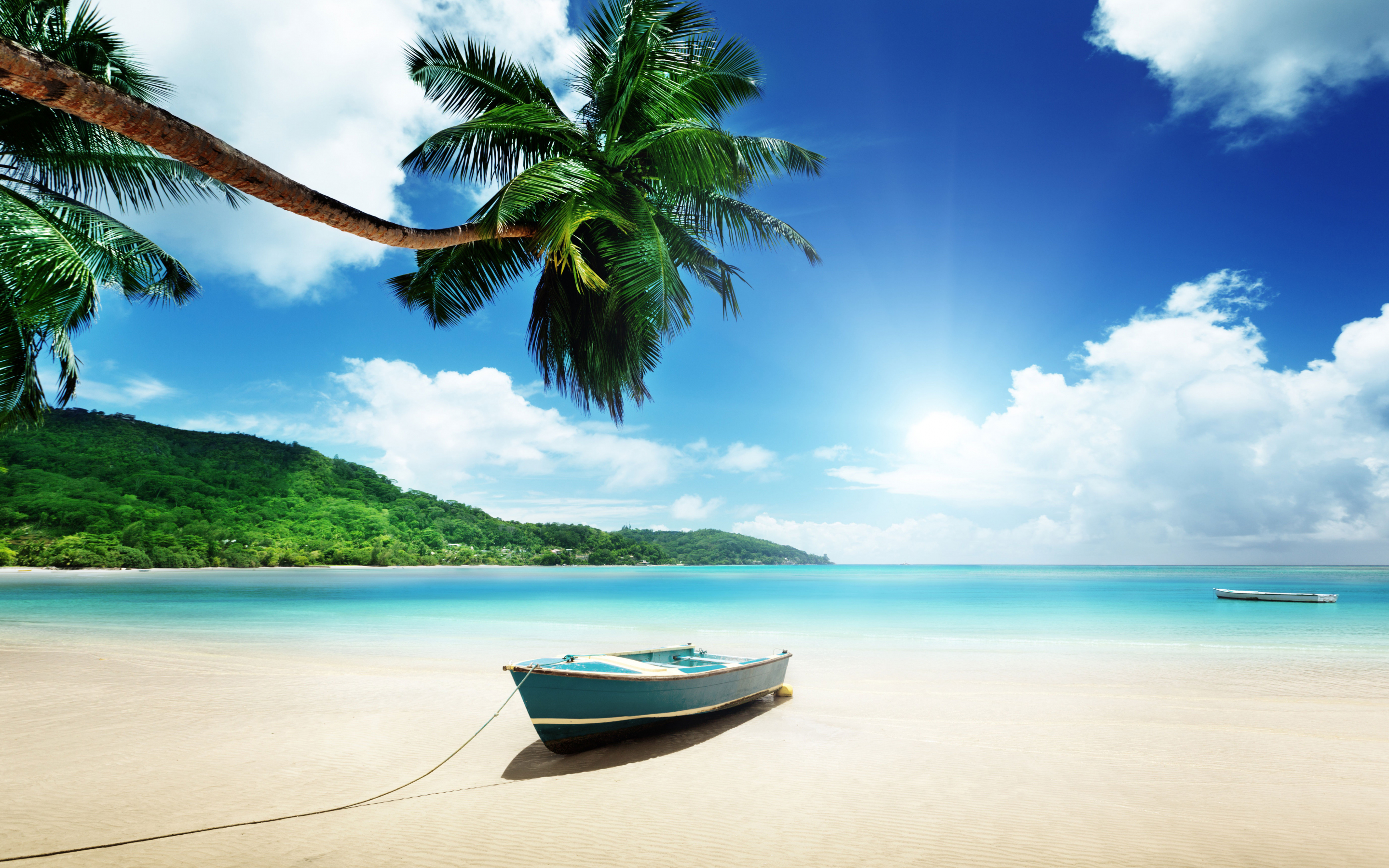 Boat, clear sky, clouds, sea, palm tree, beach, 2880x1800 wallpaper
