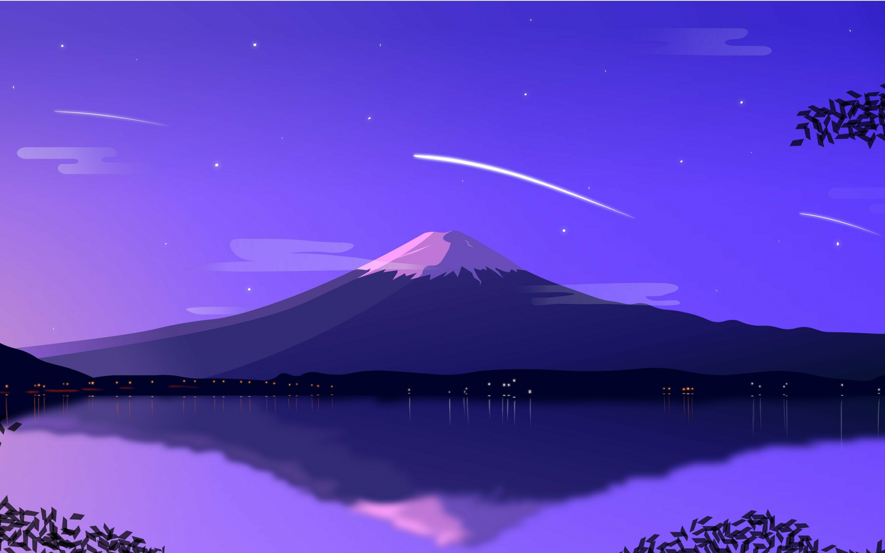 Mount Fuji, minimal, lake at night, art, 2880x1800 wallpaper
