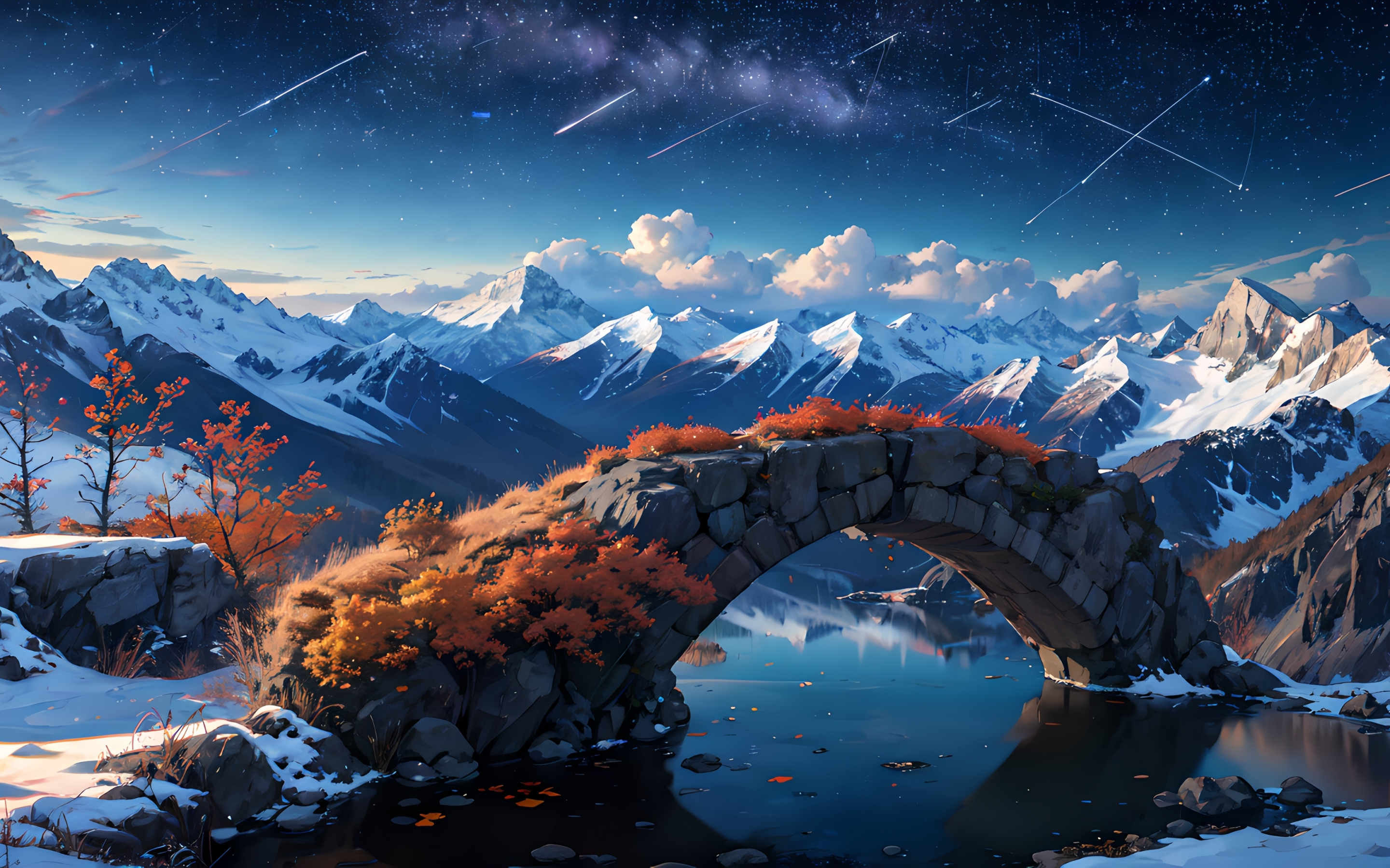 Pretty nature, old stone bridge, glacier mountains, 2880x1800 wallpaper