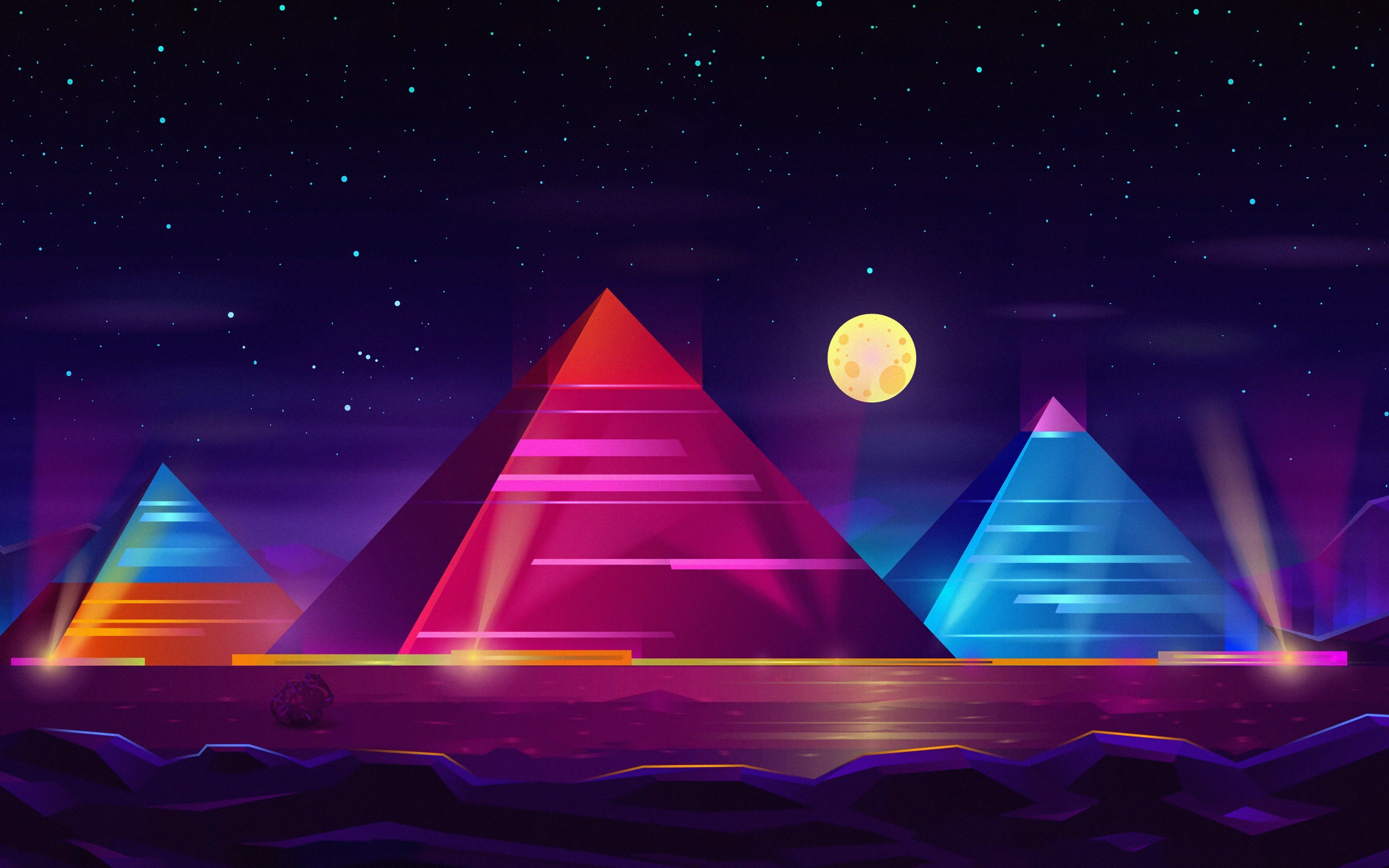 Pyramids, colorful, neon art, night, 2880x1800 wallpaper