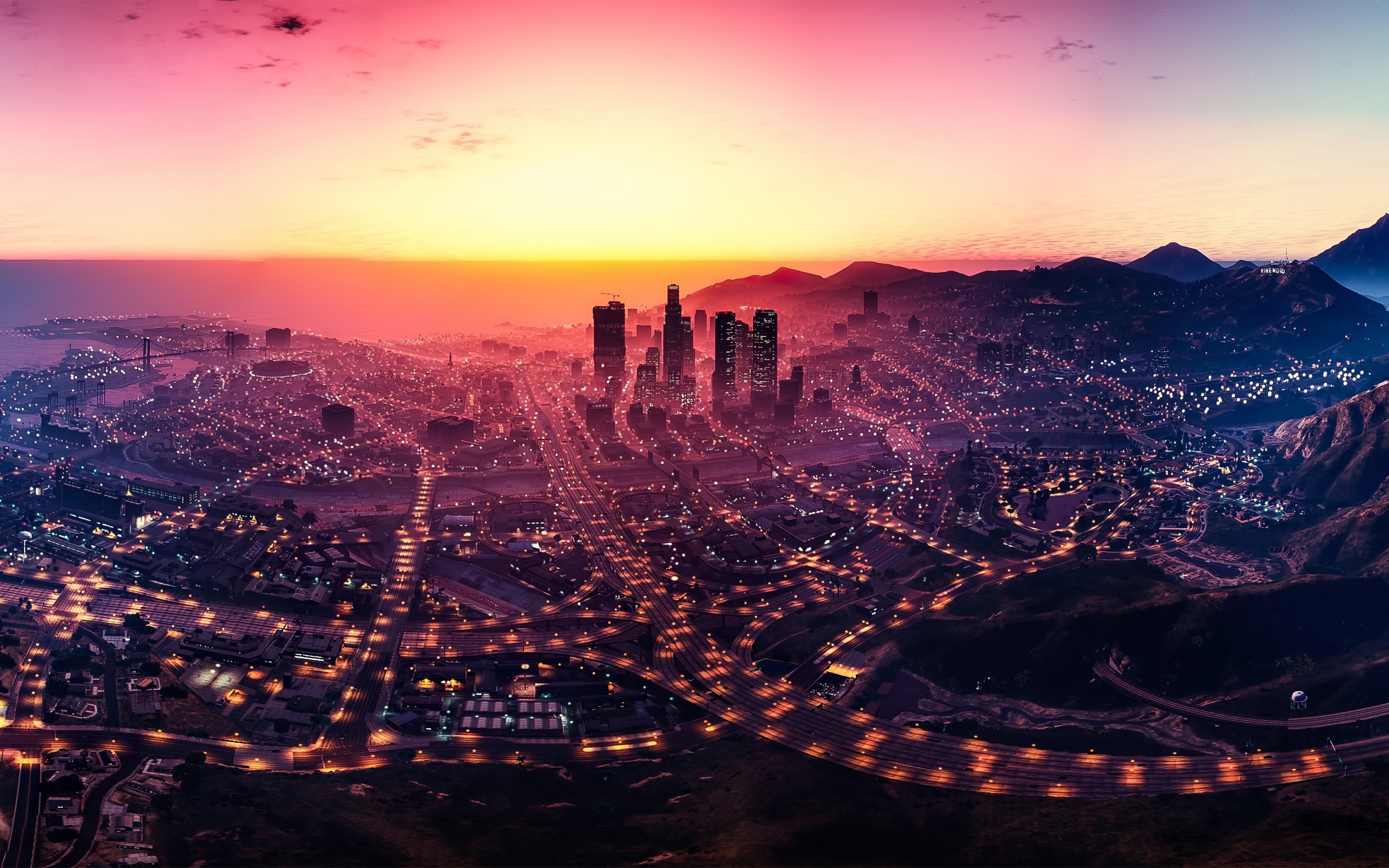 Los Santos, GTA V, cityscape, sunset, game, 2880x1800 wallpaper