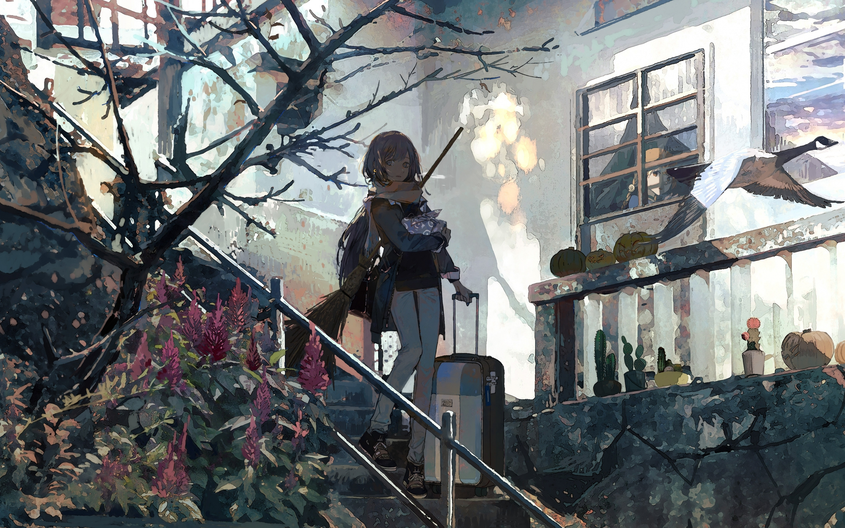 Stair, walk, anime girl, original, art, 2880x1800 wallpaper