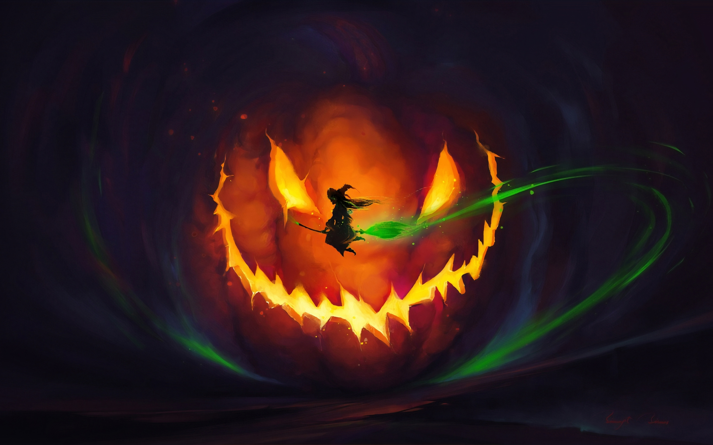 2019 Halloween, witch, flight, pumpkin glow, art, 2880x1800 wallpaper