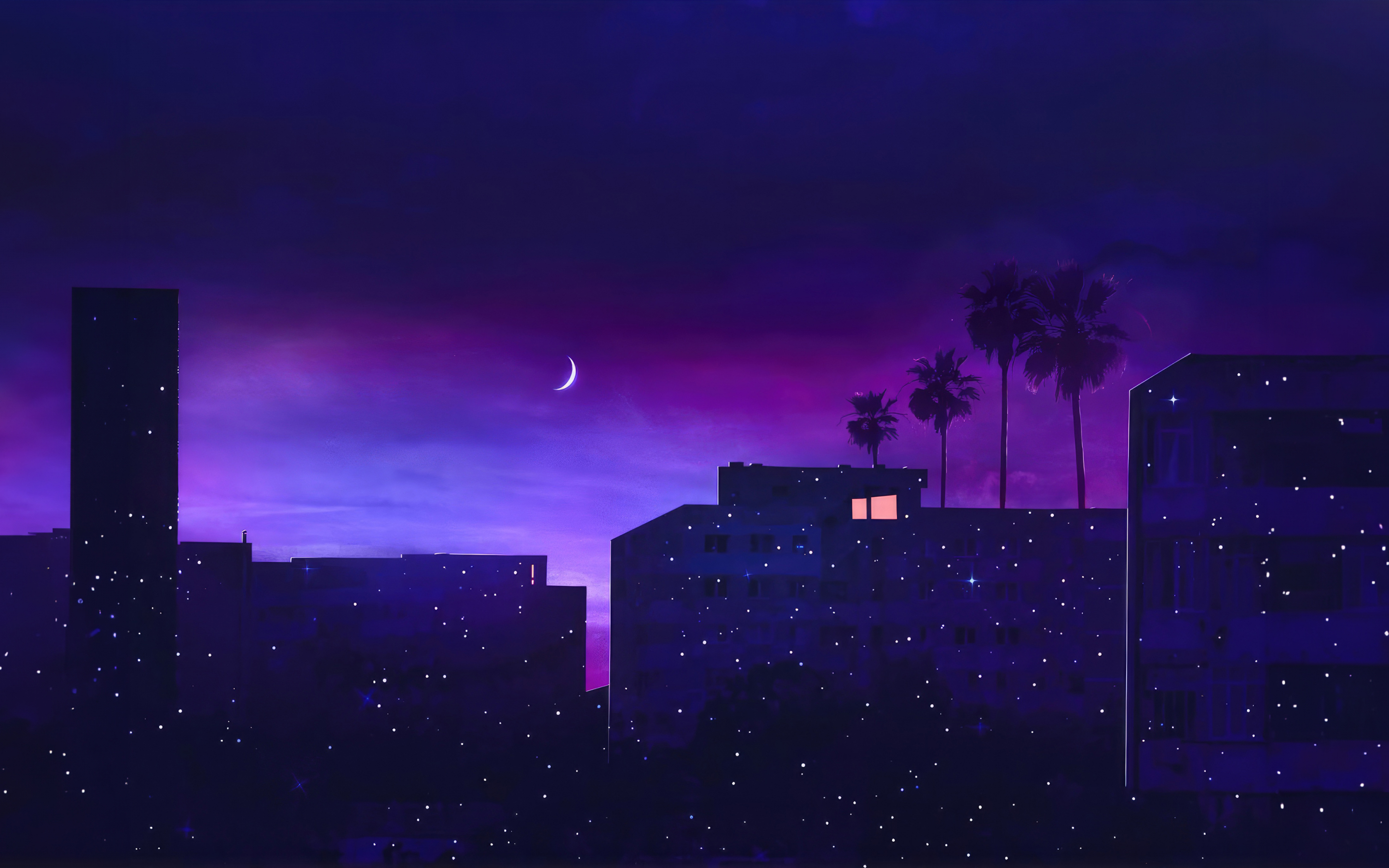 Palms, bay houses, minimal, night, silhouette, dark buildings, 2880x1800 wallpaper