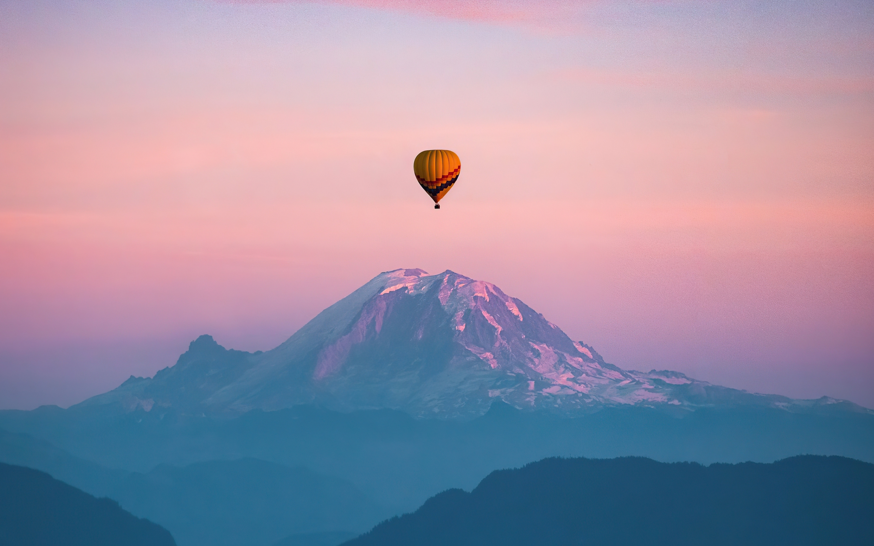 Air balloon flight, mountain, sunset, clean sky, 2880x1800 wallpaper