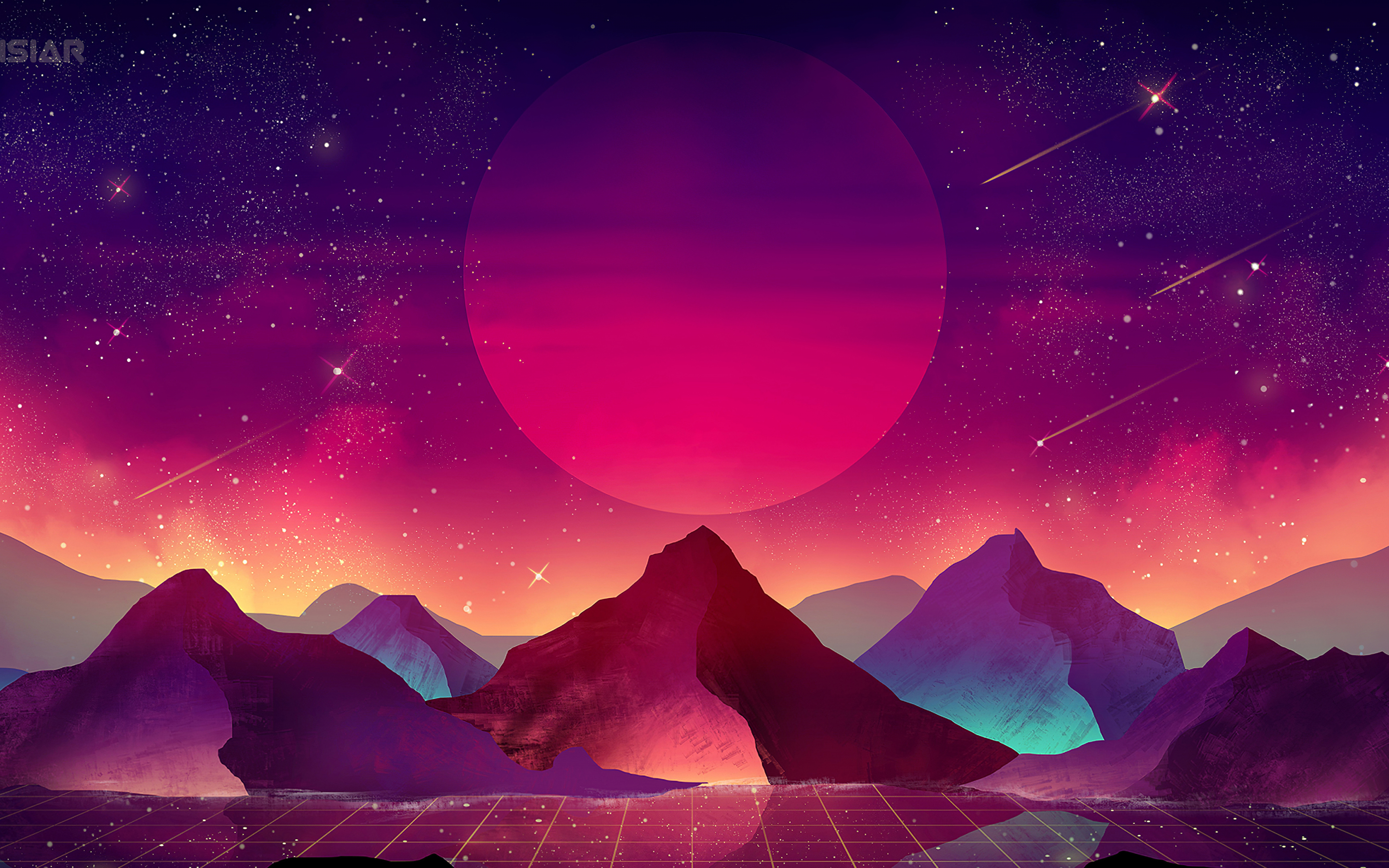 Terrain, vaporwave, moon, mountains, landscape, art, 2880x1800 wallpaper