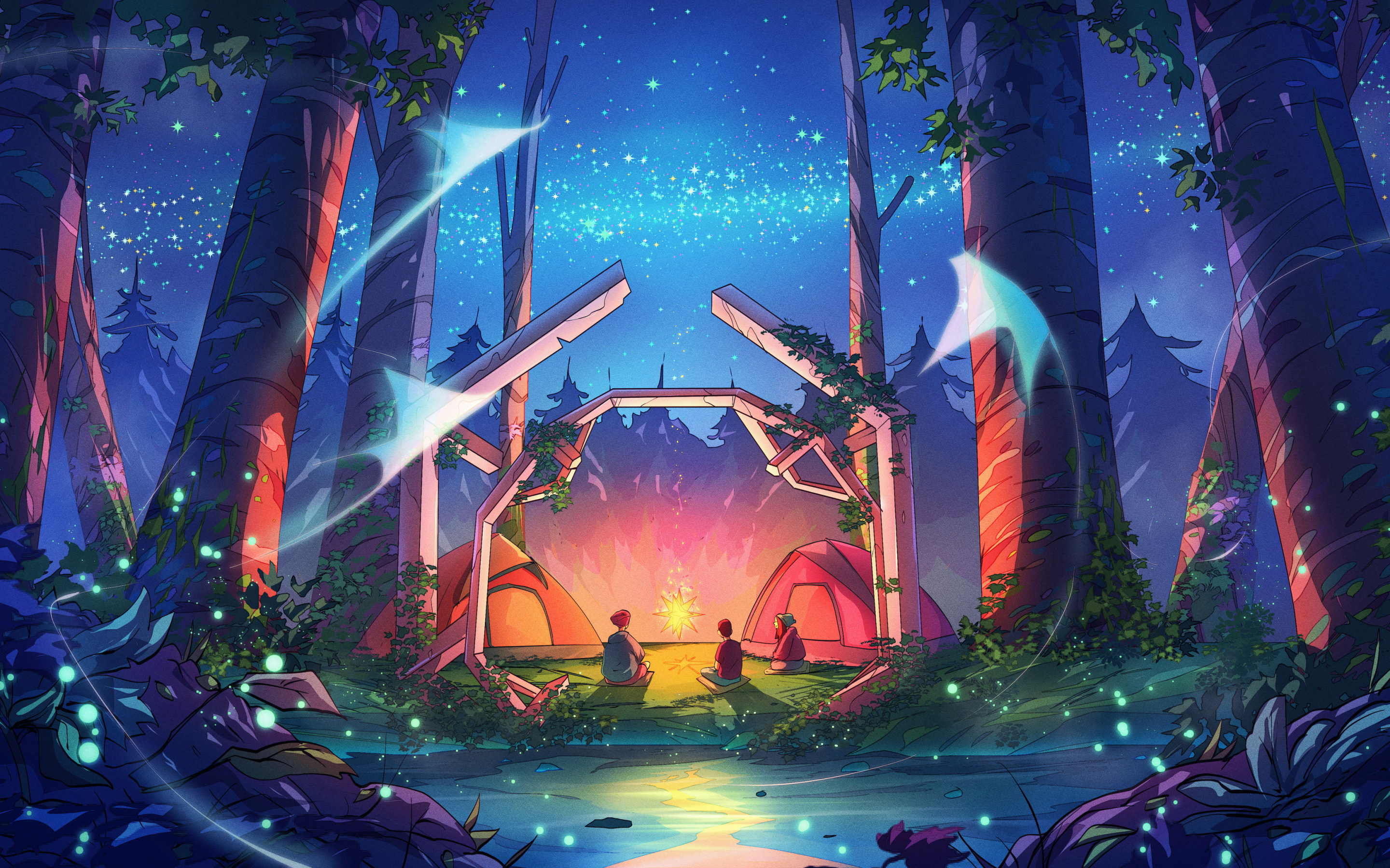Camping, art, night out, 2880x1800 wallpaper