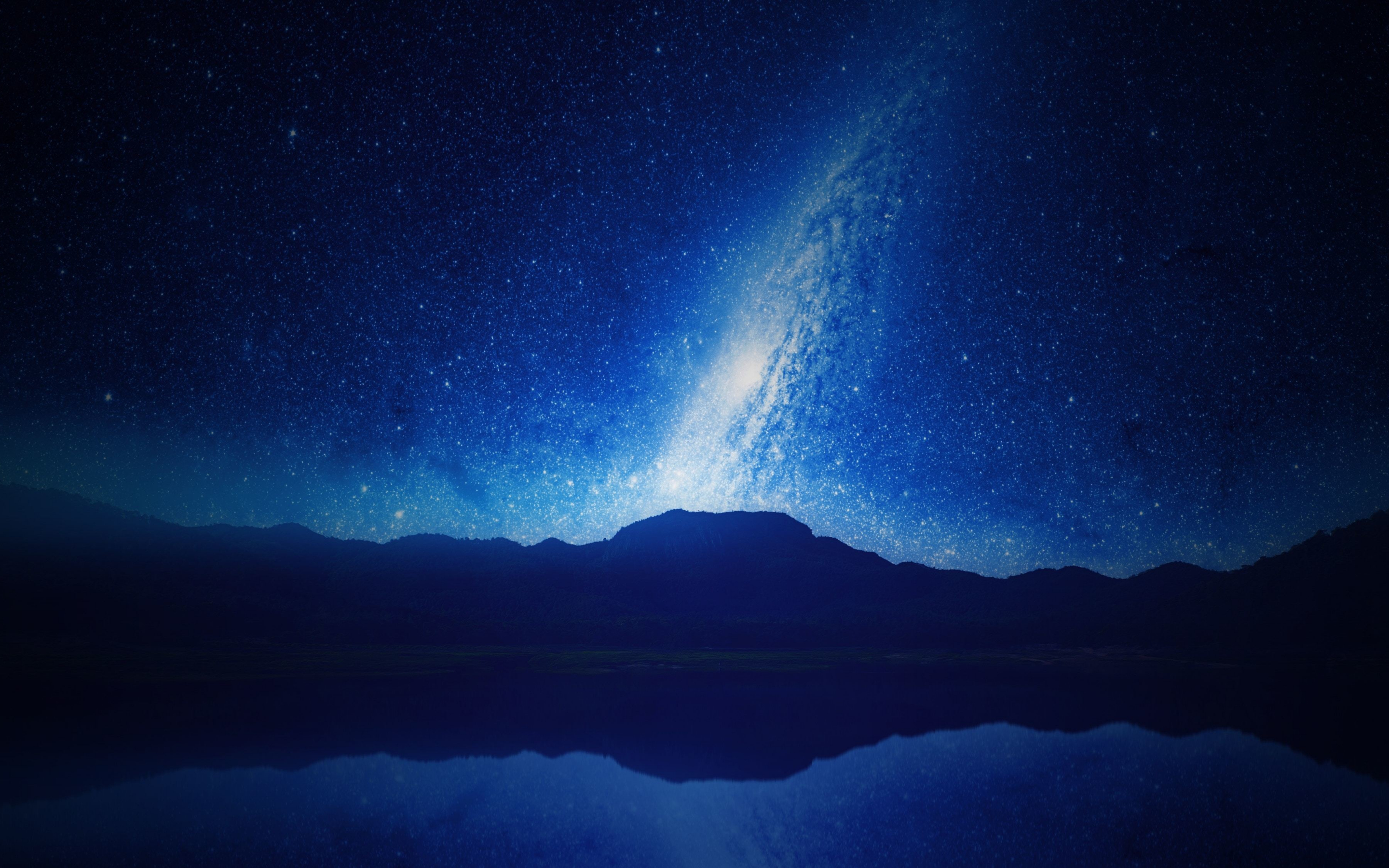 Mountains, blue night, milky way, lake, 2880x1800 wallpaper